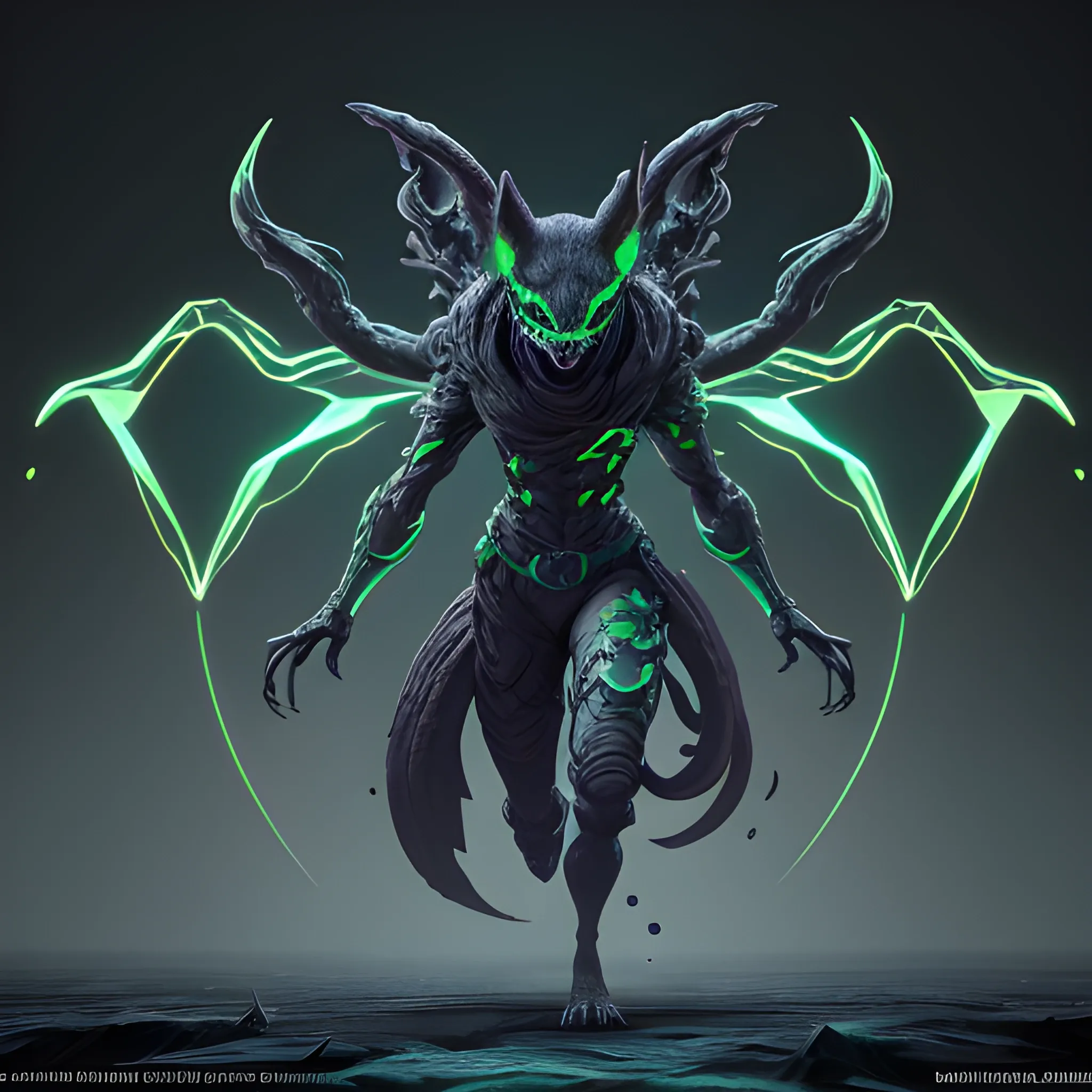 Shadow Jackal, pitch black, Four arms, Four eyes, familiar, rising from shadows, emerald aura, lower body linked to shadows.  full body view, 8k, high resolution, high quality, photorealistic, hyperrealistic, detailed, detailed matte painting, deep color, fantastical, intricate detail, splash screen, emerald secondary colors, fantasy concept art, 8k resolution trending on Artstation Unreal Engine 5