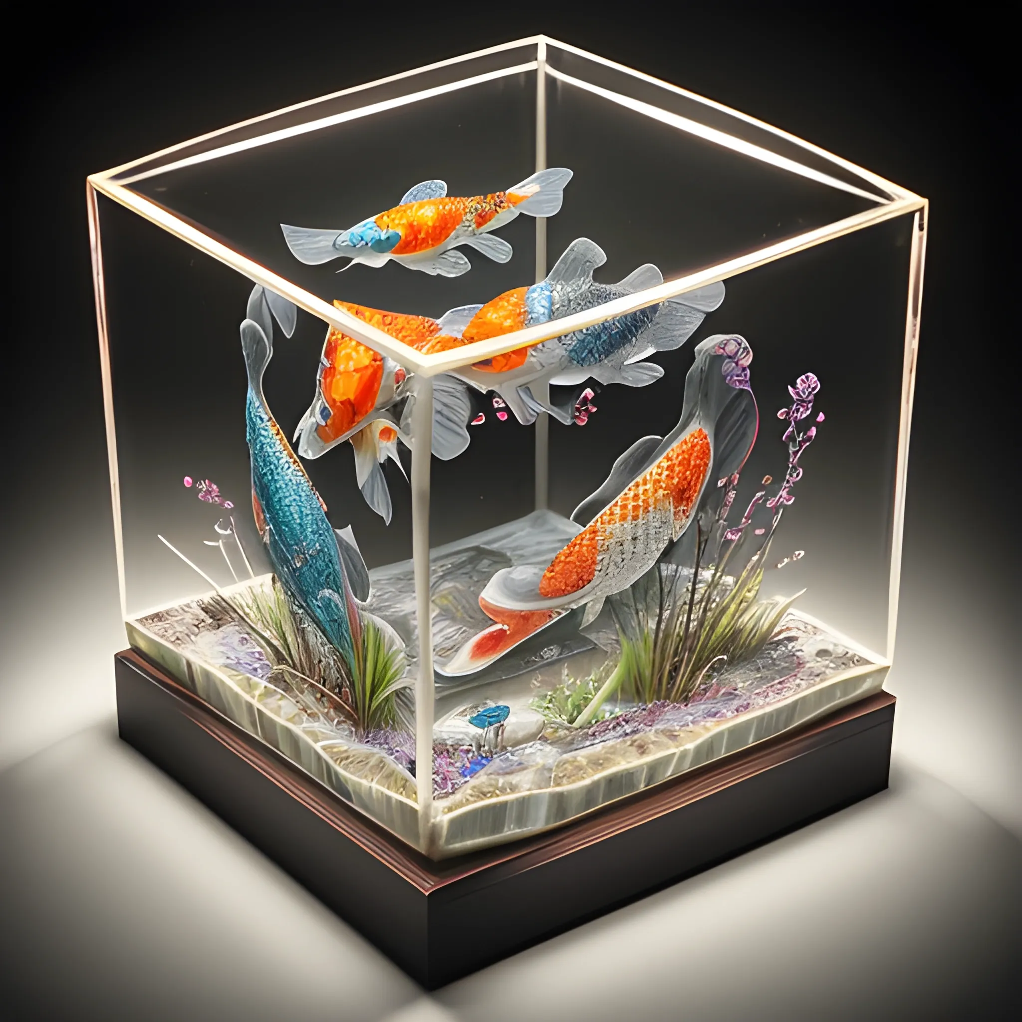 A glass Cube sculpture, concealed inside the Cube are Koi Carp, at night, surreal, lights emerges out of the frame, in the dark, detailed image, high quality detailed, shaped Cube, amazing wallpaper, digital painting highly detailed, UHD detailed oil painting, beautiful art UHD, focus on full glass cube, bokeh, background Modifiers: extremely detailed Award winning photography, fantasy studio lighting, photorealistic very attractive beautiful imperial colours ultra detailed 3D, Very Intricate, <lora:3D_Framed_Wall_Art_-_By_DICE:0.6>, (3D Framed, Mega Details), UHD, , 3D