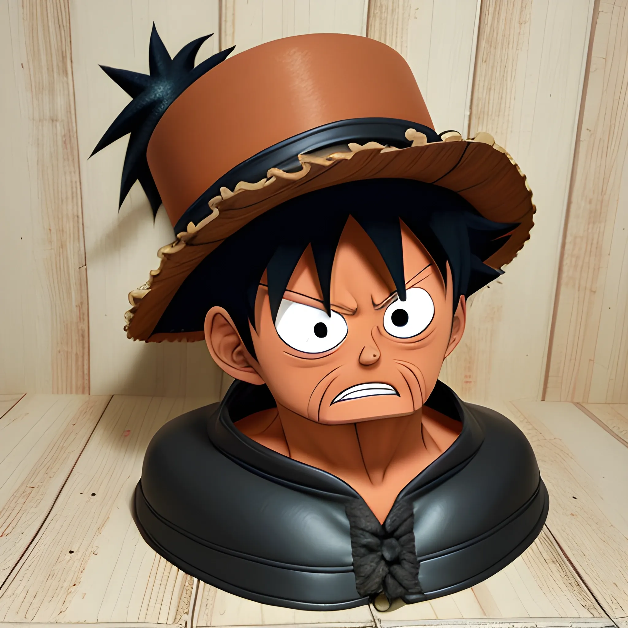 uffy tiene el pelo negro revuelto, ojos negros y redondos, y una complexión muscular y delgada, su rasgo más conocido es su característico Sombrero de Paja (del que recibe su apodo de "Luffy Sombrero de Paja"), 3D