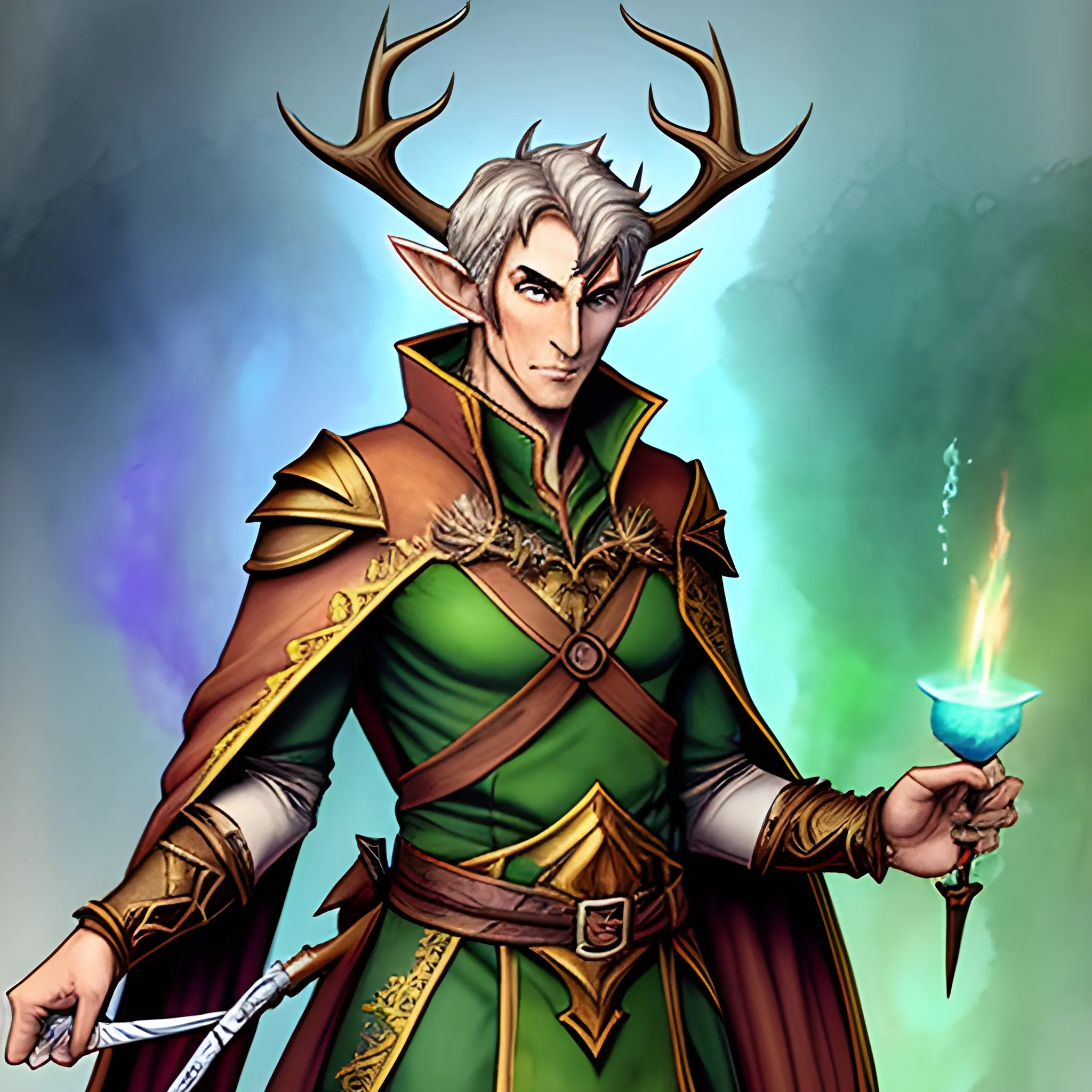 Create a dungeons and dragons character which is an Eladrin Elf male Child, wild magic sorcerer with tiny antlers, Water Color