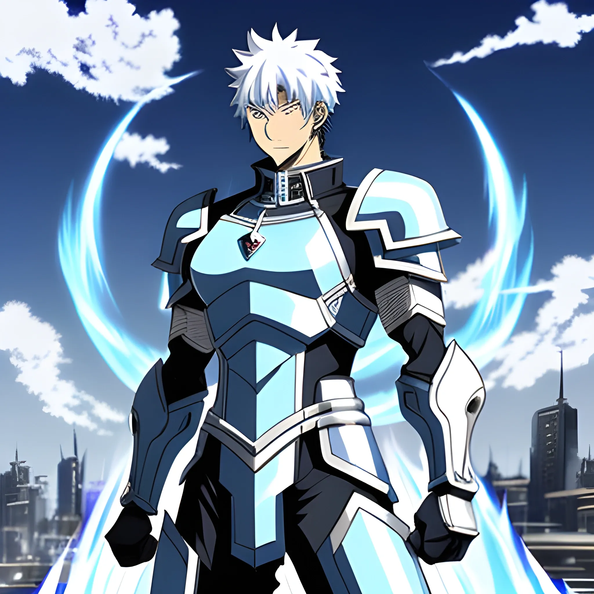 Teenager, male, anime, hero, armor, white, blue, engine