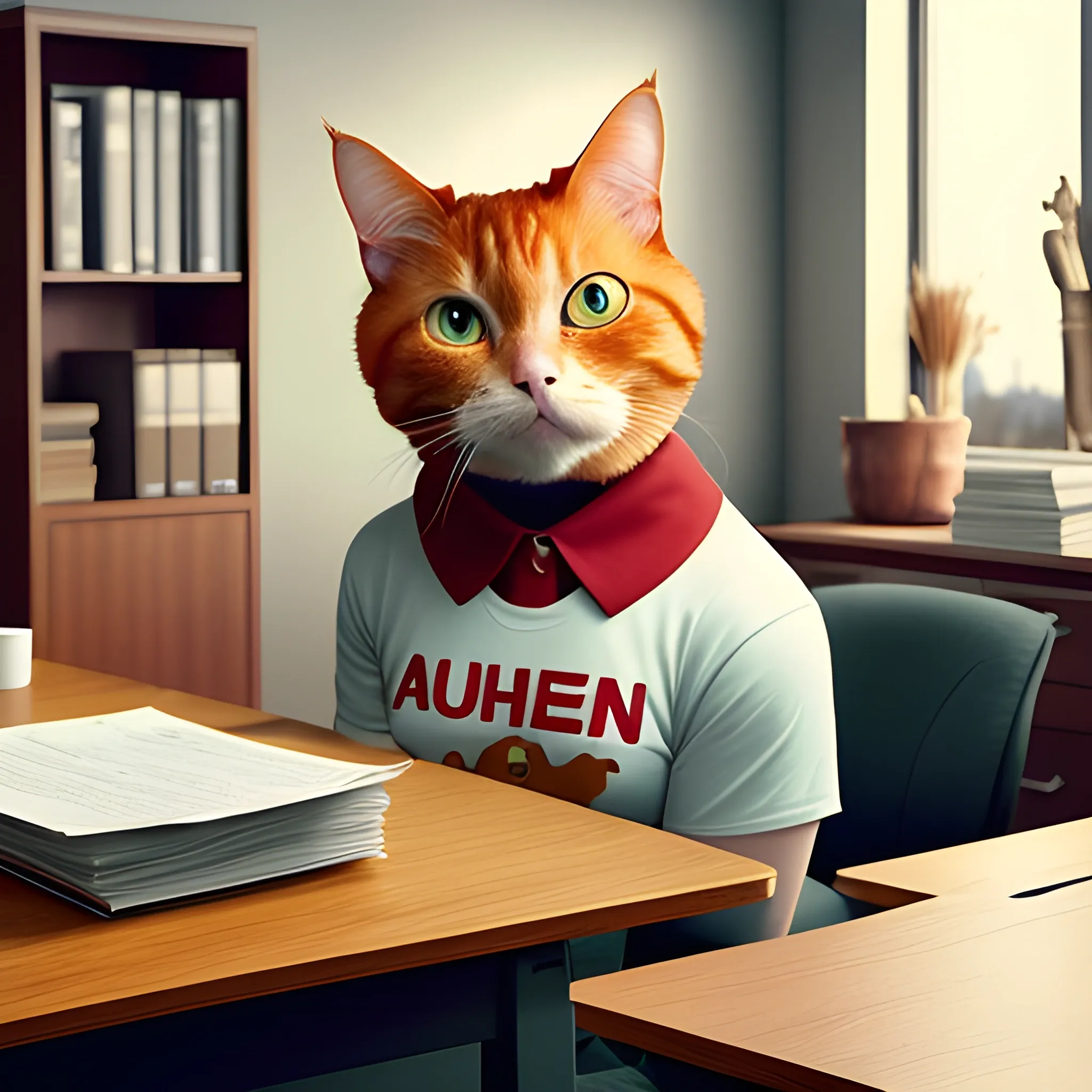 a ginger cat  in a classroom with a surprised or alarmed expression. There's a red stain on the cat's shirt, indicating a spill. The classroom has desks with scattered papers, and the children in the background also seem surprised or shocked. Surreal photography style, ultra-realistic details.