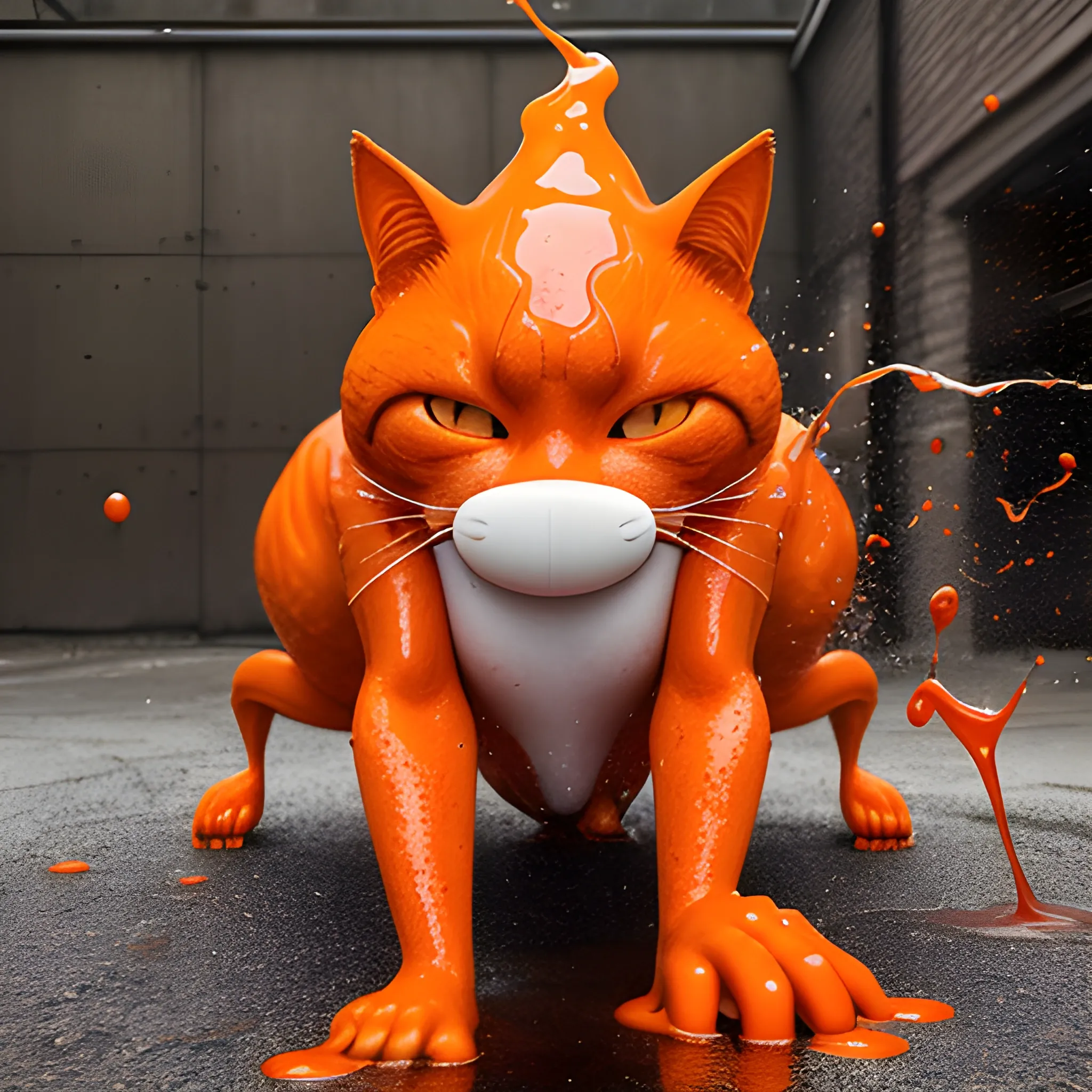 In the classroom, an anthropomorphic little orange cat wearing a white T-shirt and jeans has red liquid flowing from its nose and dripping on the ground. In the background, the students look at it in surprise. Surreal photography style and ultra-real details.