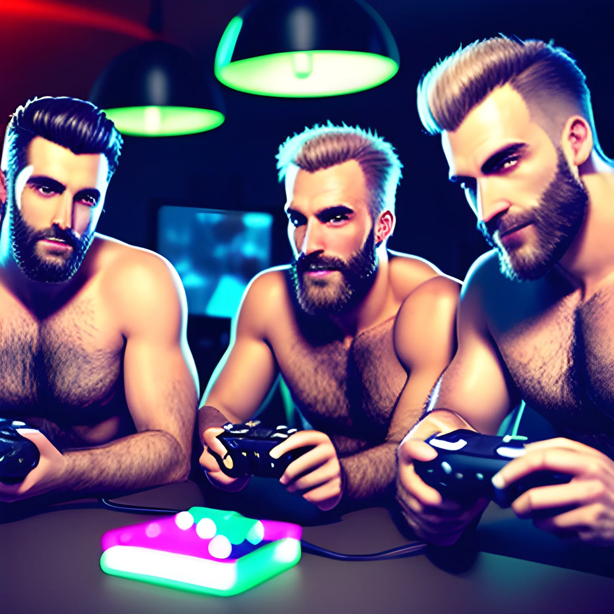 Men Teenagers in a party playing videogames with only hairy men bros