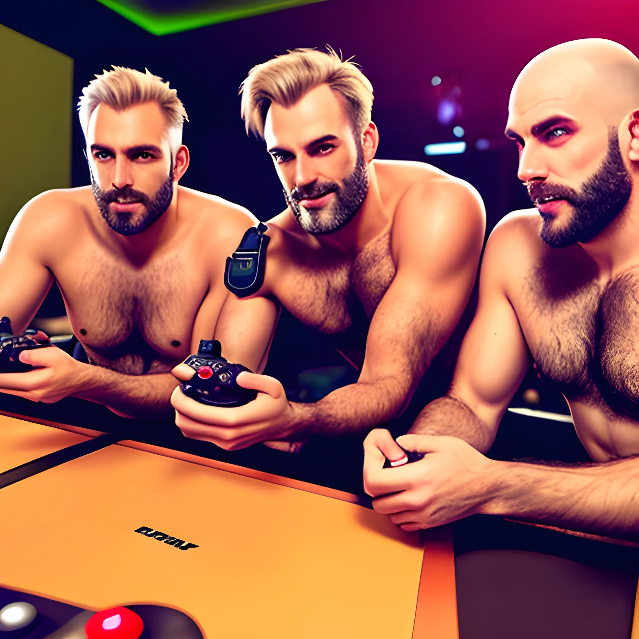 Men Teenagers in a party playing videogames with only hairy men bros