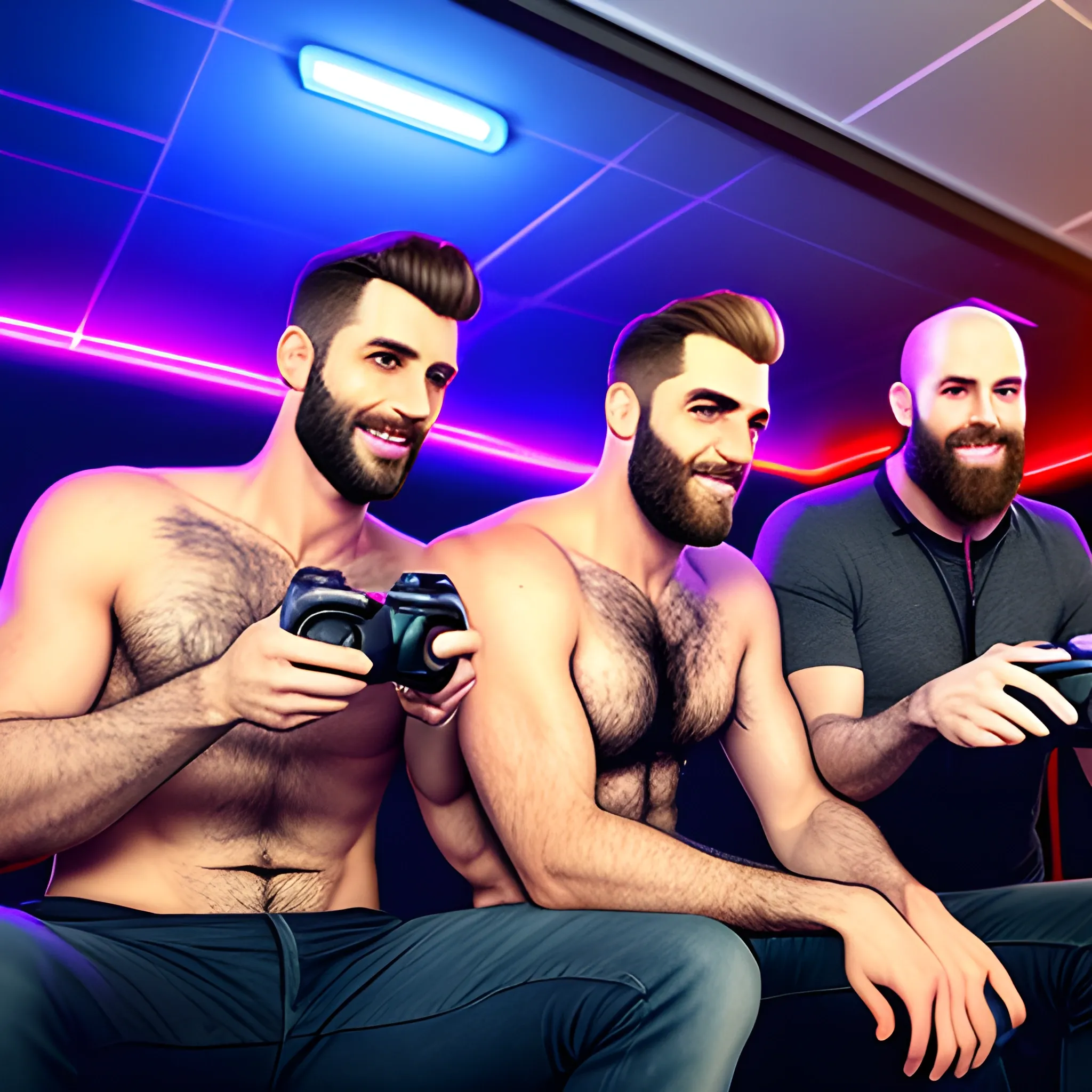 Men Teenagers in a party playing videogames with only hairy men bros