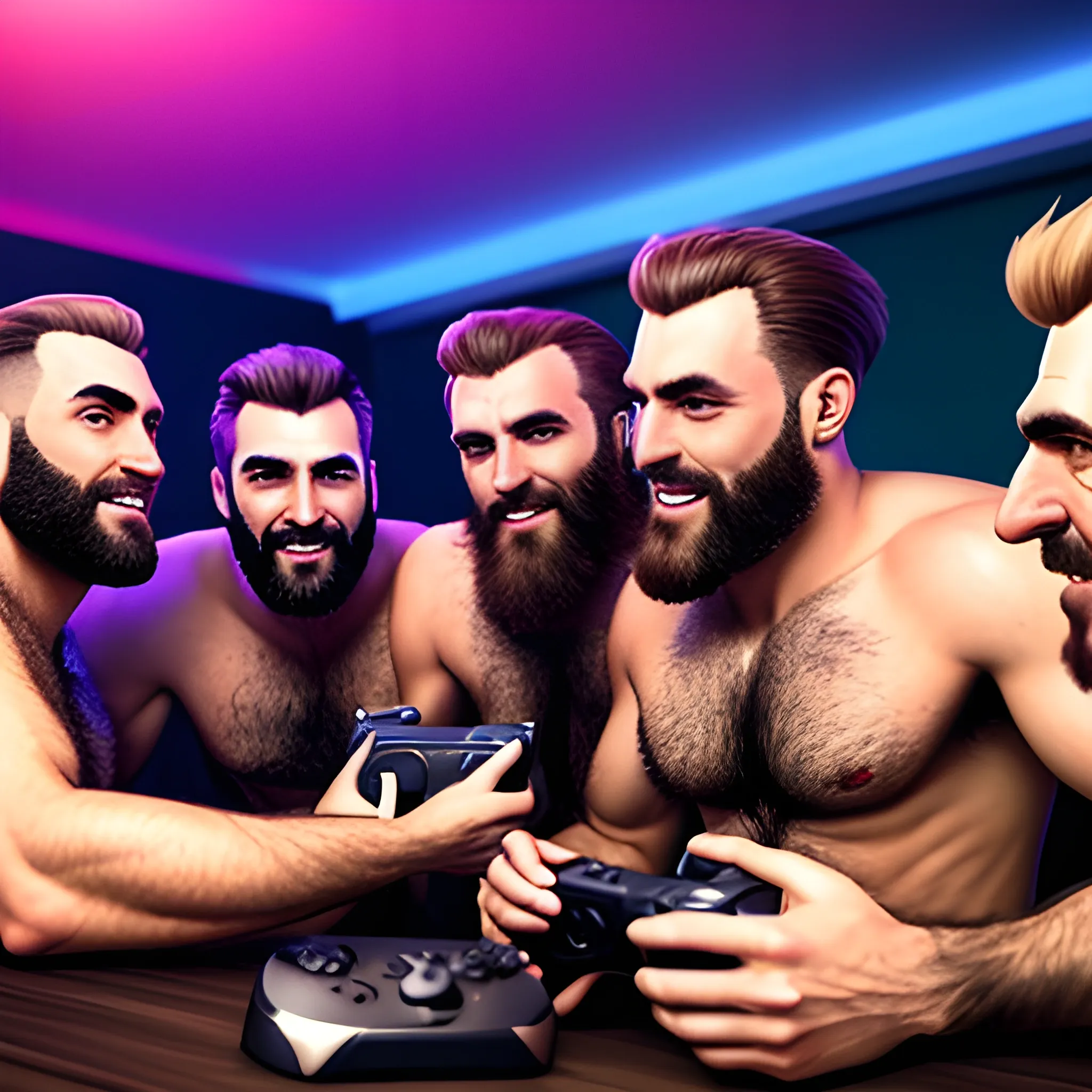 Men Teenagers in a party playing videogames with only hairy men bros