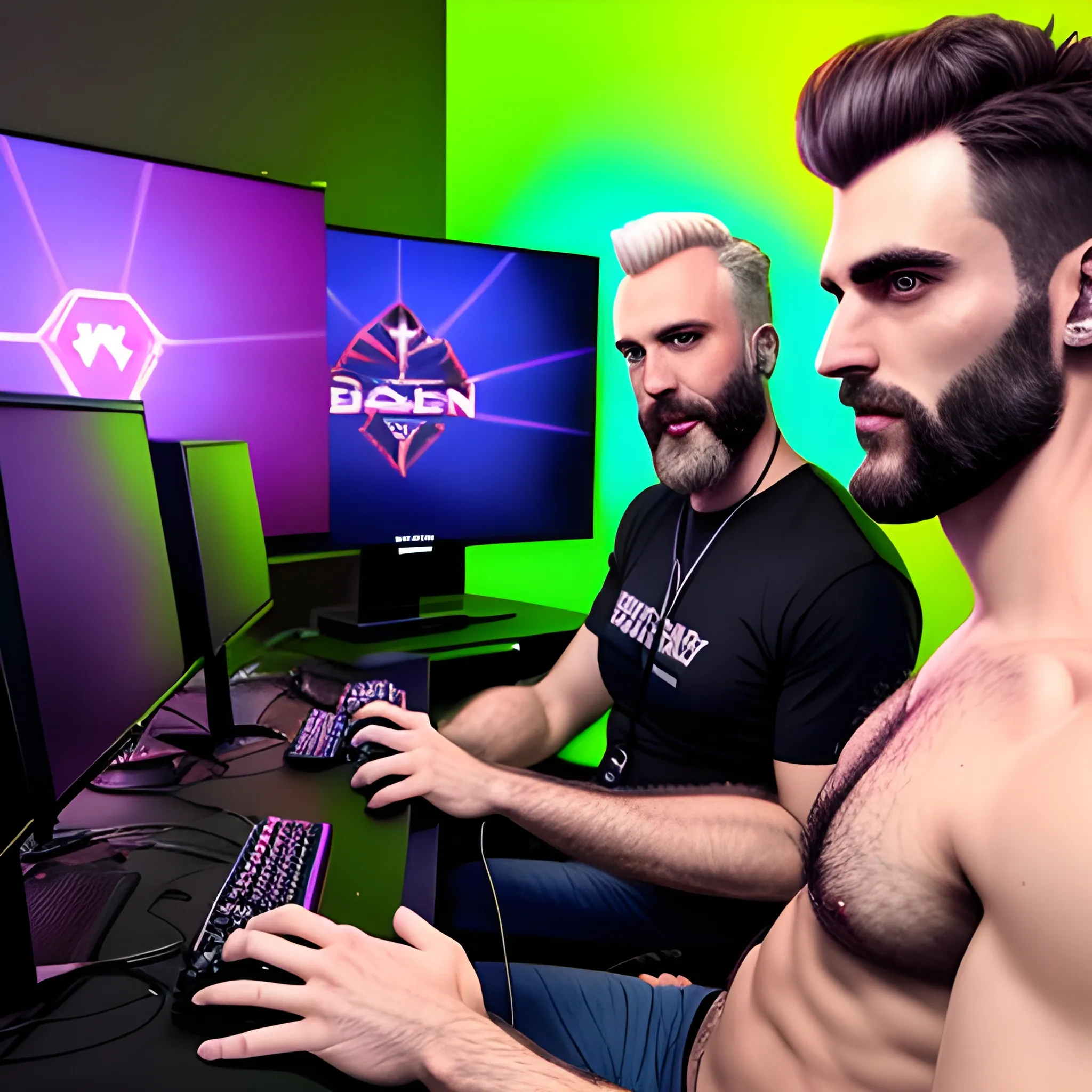 Men Teenagers in a party playing videogames with only hairy men bros