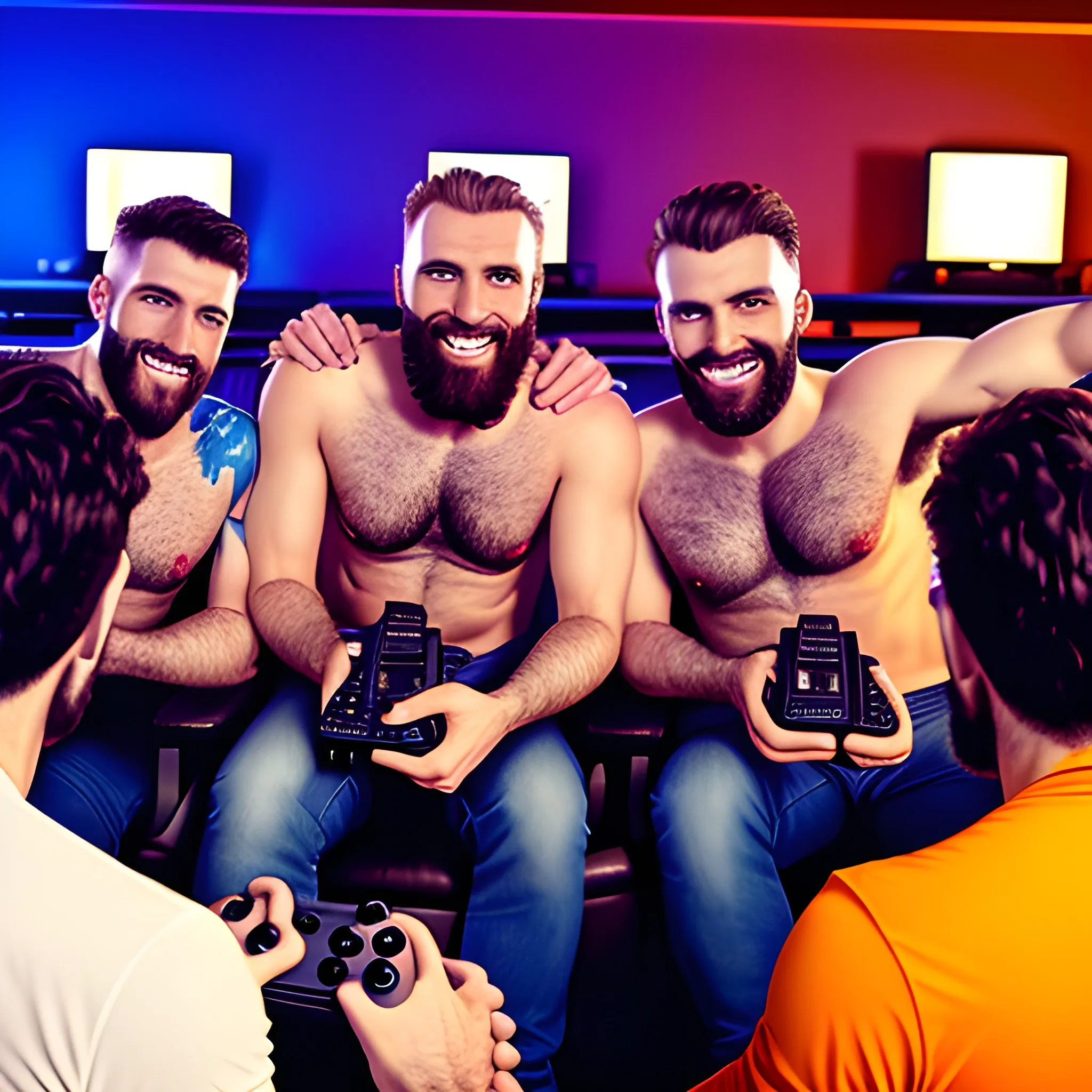 Men Teenagers in a party playing videogames with only hairy men bros