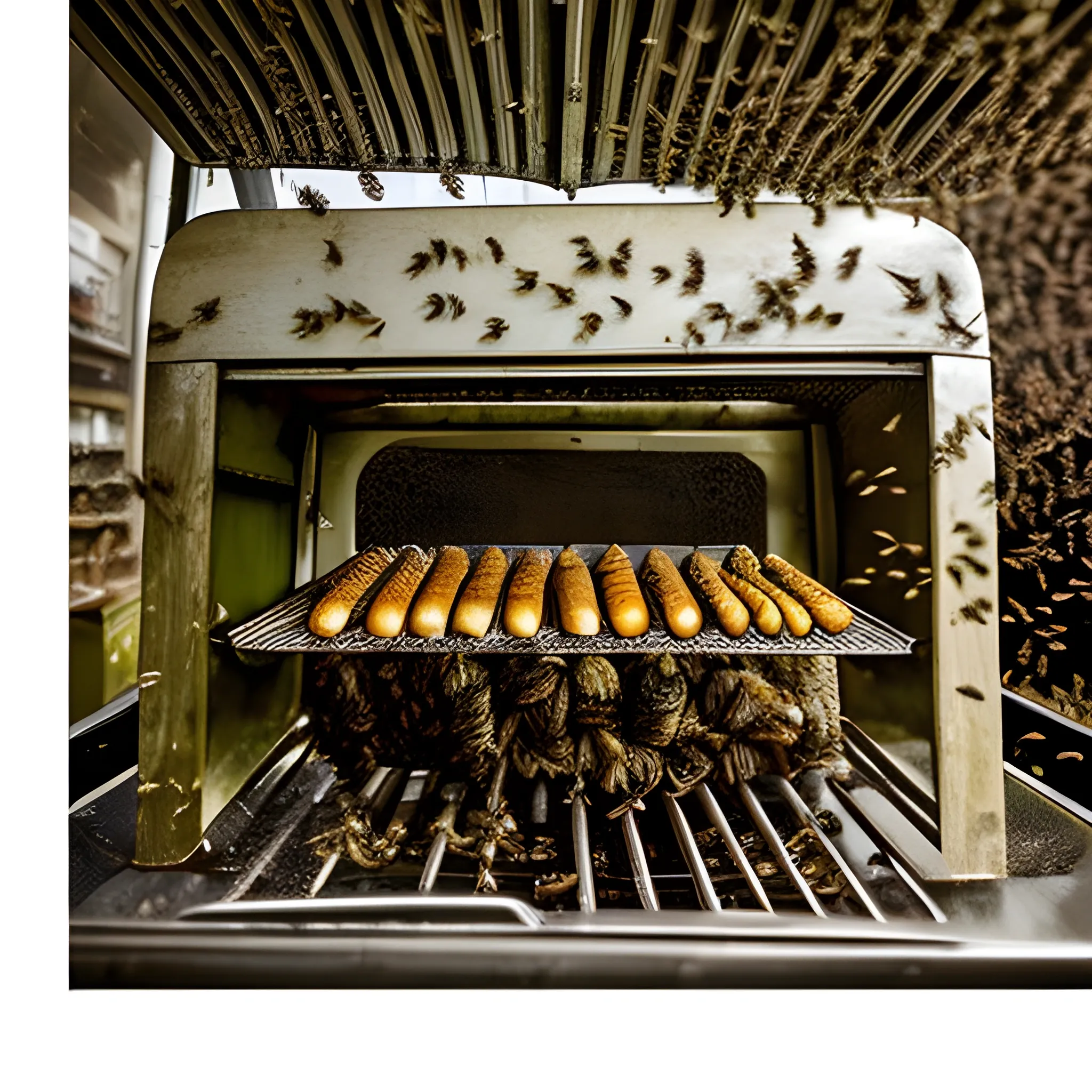 nature of  a cloudy weather, full of bees and a roosted mutton in a lonely grill shop. 