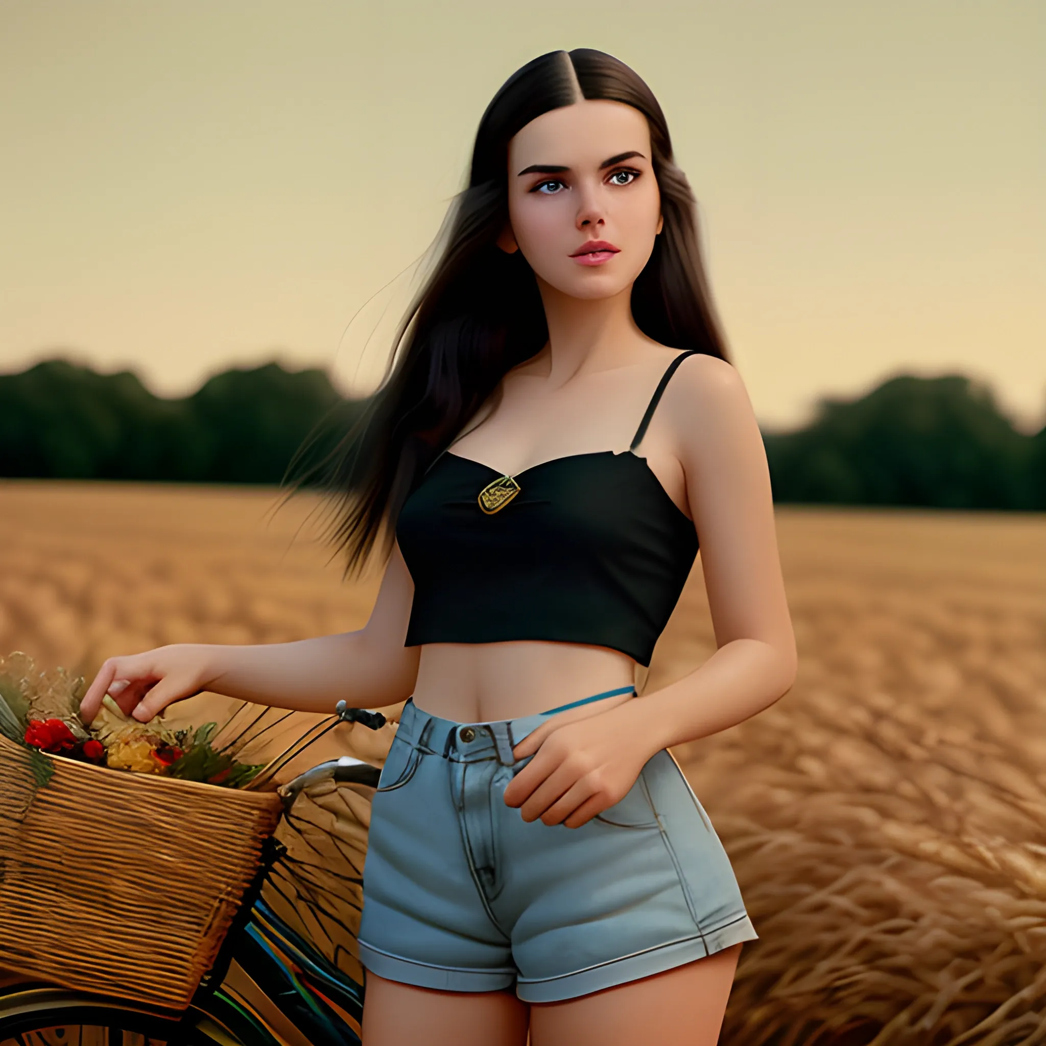 A beautiful model lady, shiny skin, long black brown hair, kitten eye lashes, thin lips, oval face, wearing ornaments, wearing shorts in an unusual way . Evening time , mid shot slightly low angled Cinematic photoreal 4K photography, holding a bike like a super heroin, Background is a hay field, a vintage cinematic look of 1960's, 25mm lens with ultra prime.