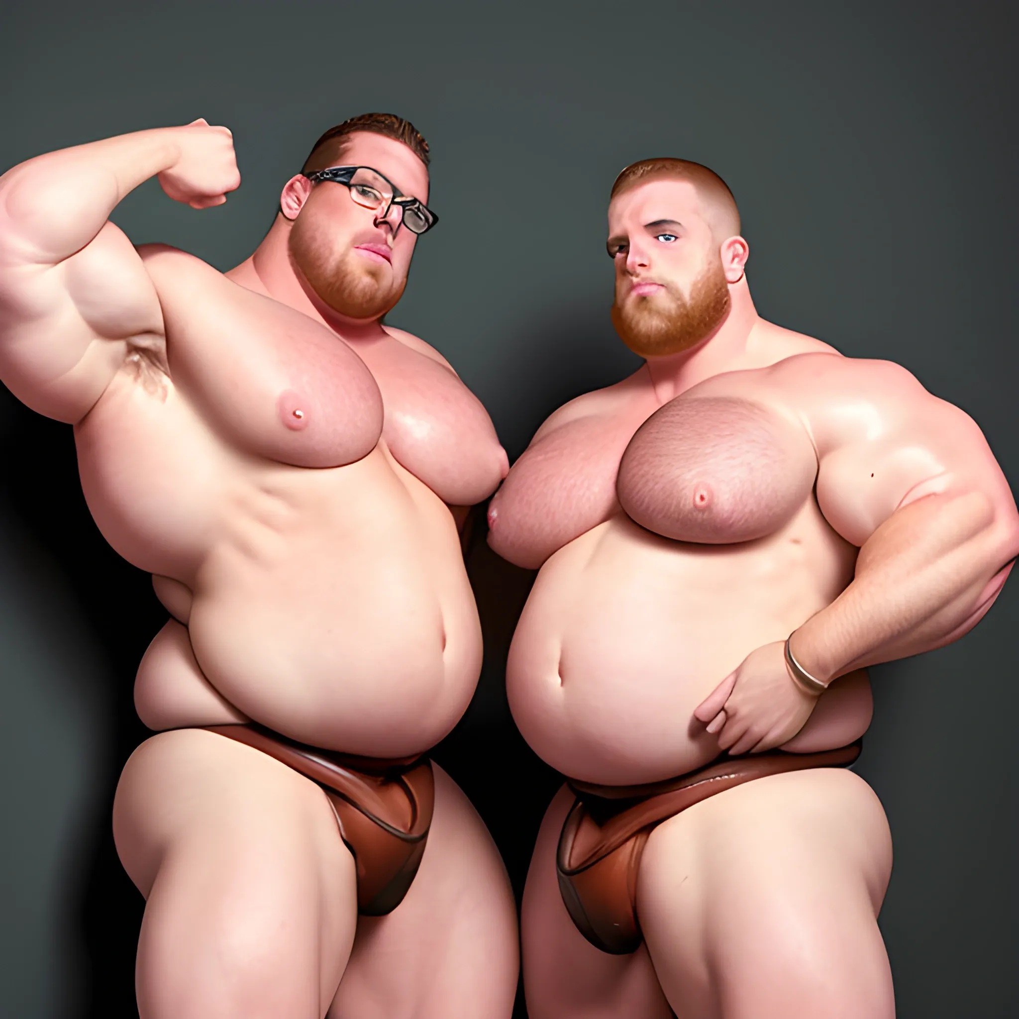 two massive male white bodybuilder boyfriends with big boobs and massive pepperoni sized nipples. Short brown hair and glasses. obese huge bulging guts. they have a chiseled jaw lines and strong chins. massive tits huge female breasts on these men. strapped to the wall with leather belts on their wrists and ankles.