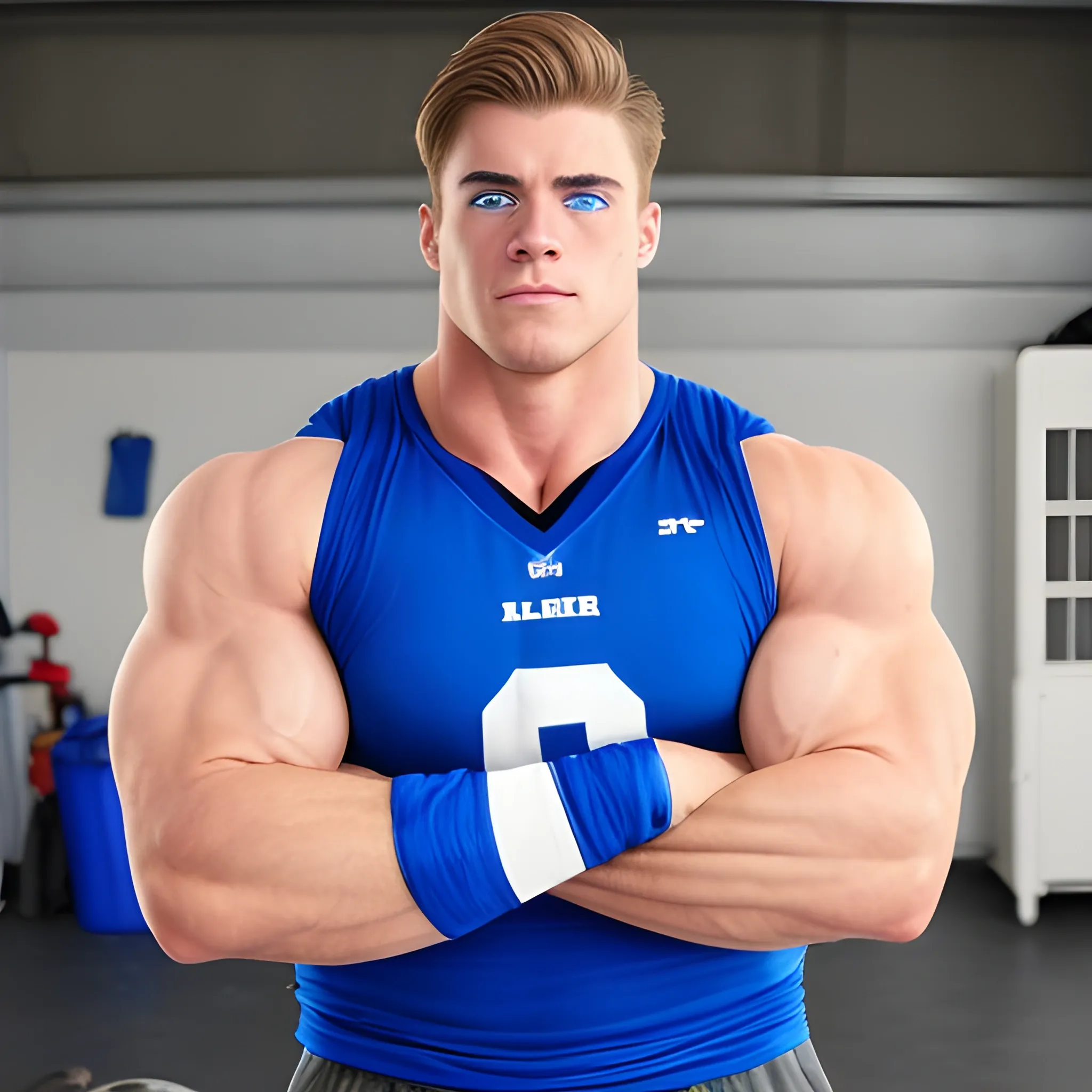 attractive white male bodybuilder in his late 20s standing in a garage in a blue football jersey. His arms are freakishly large and muscular, bigger than humanly possible, pushing the sleeves of the jersey very tight. He looks at his arms because they are too big and he is worried. His face very defined chin and wide jaw. He has short brown hair with a middle part in his hair and blue eyes.