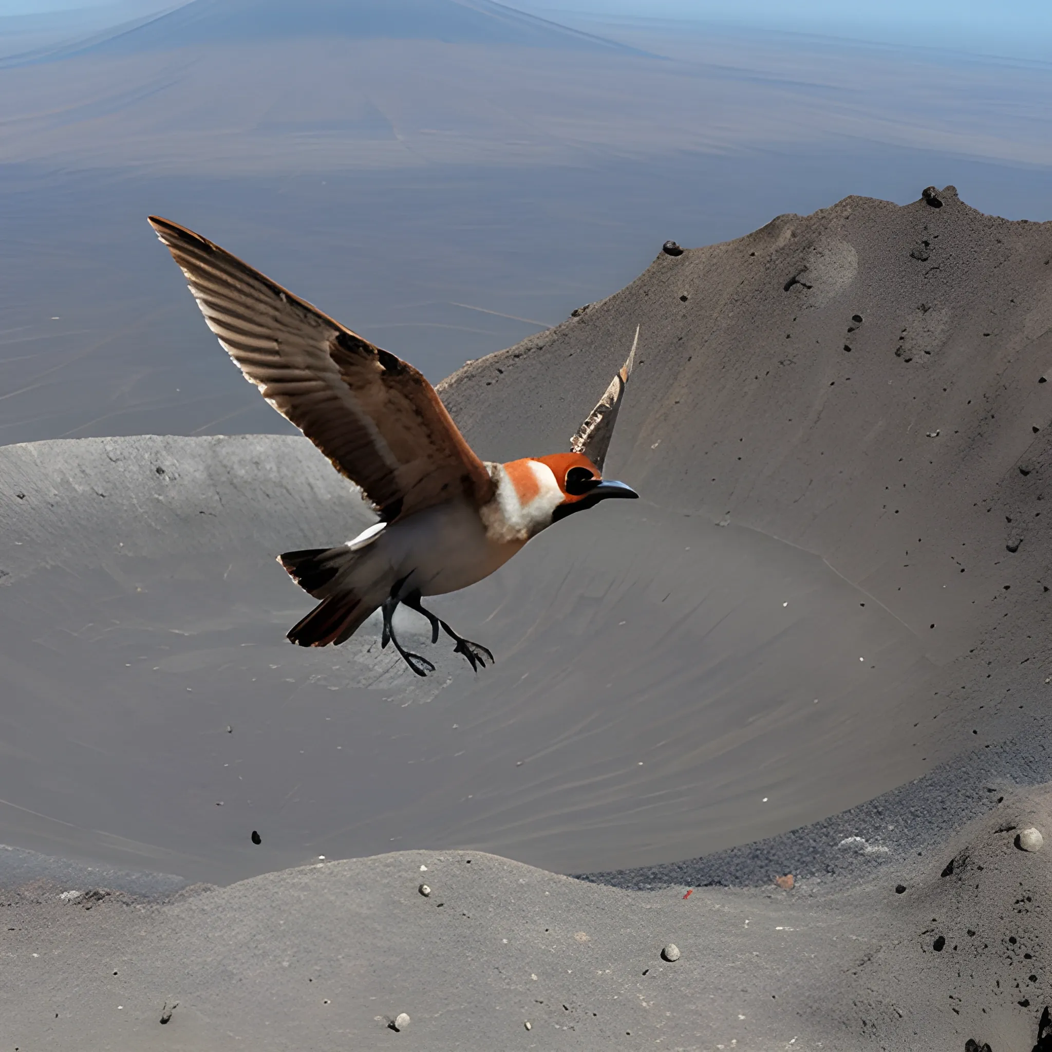 pajaro volando sobre  el crater  de un volcan