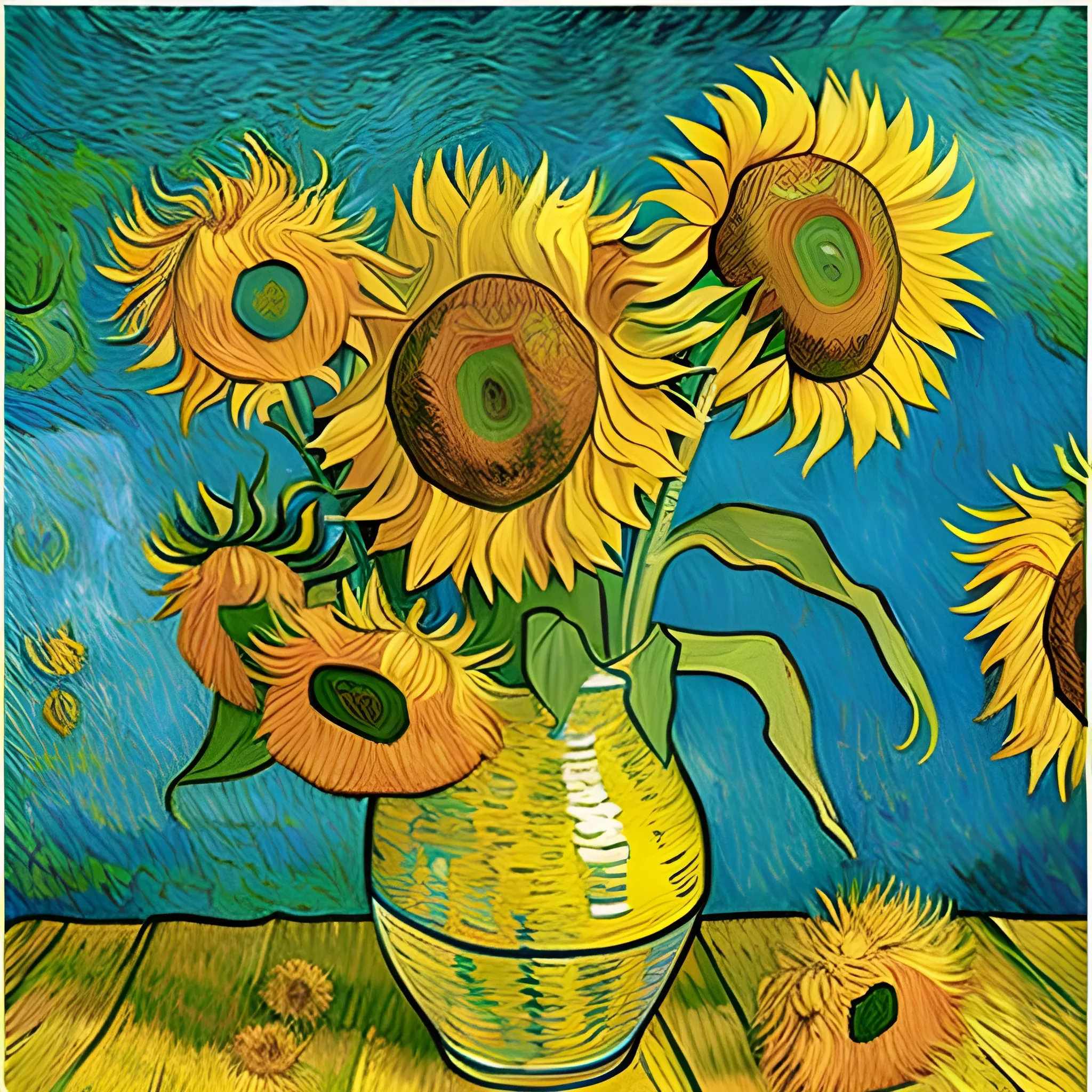 MAKE ME AN ALTERNATIVE VERSION of van Gogh's painting of sunflowers, Trippy