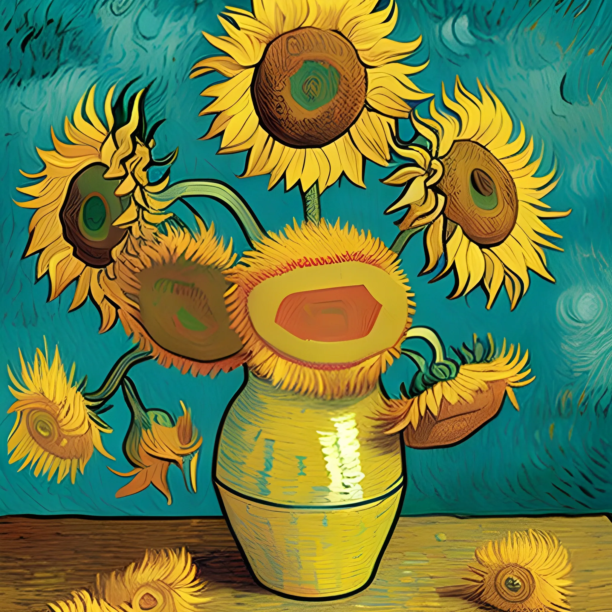 MAKE ME AN ALTERNATIVE VERSION of van Gogh's painting of sunflowers,  Cartoon