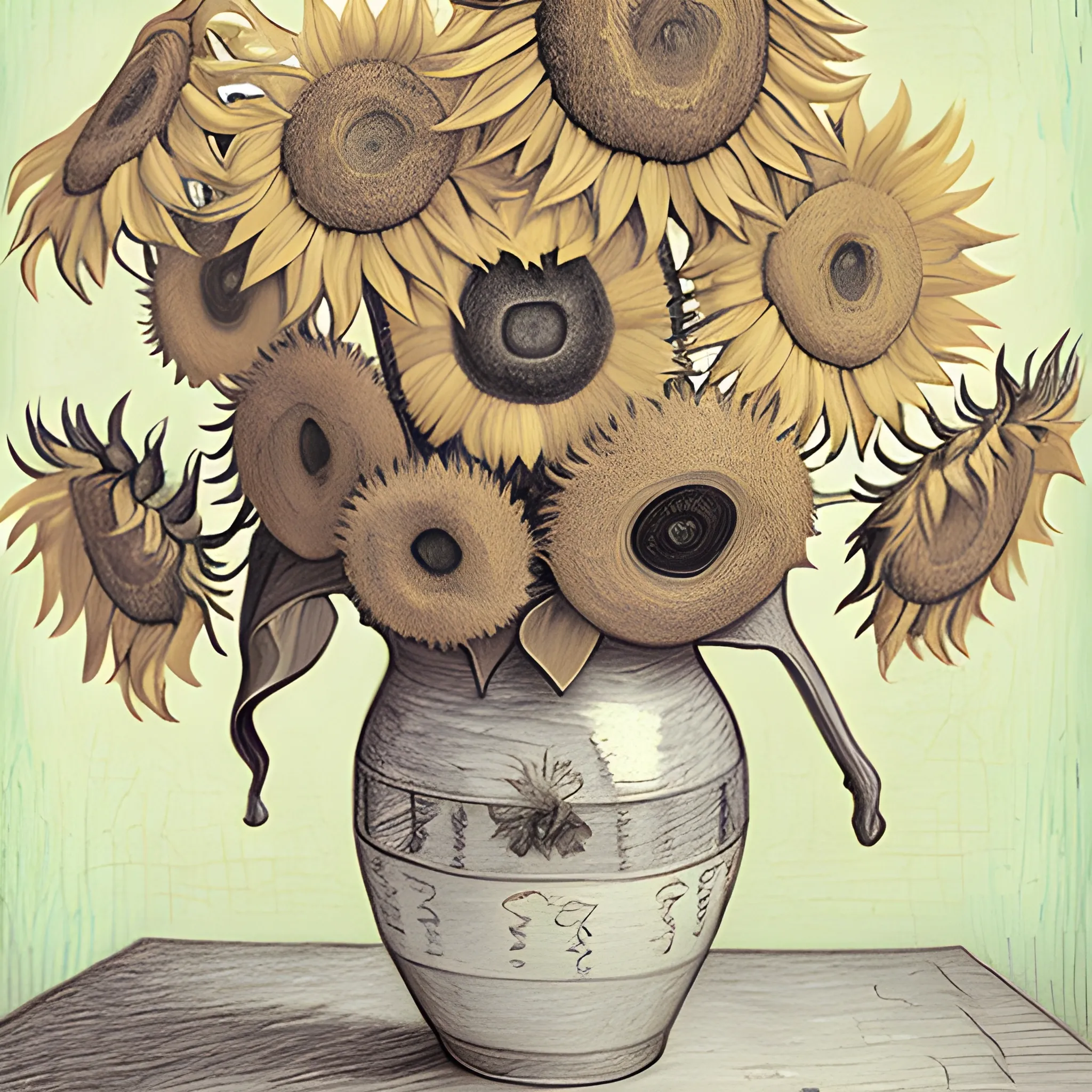 MAKE ME AN ALTERNATIVE VERSION of van Gogh's painting of sunflowers, Pencil Sketch