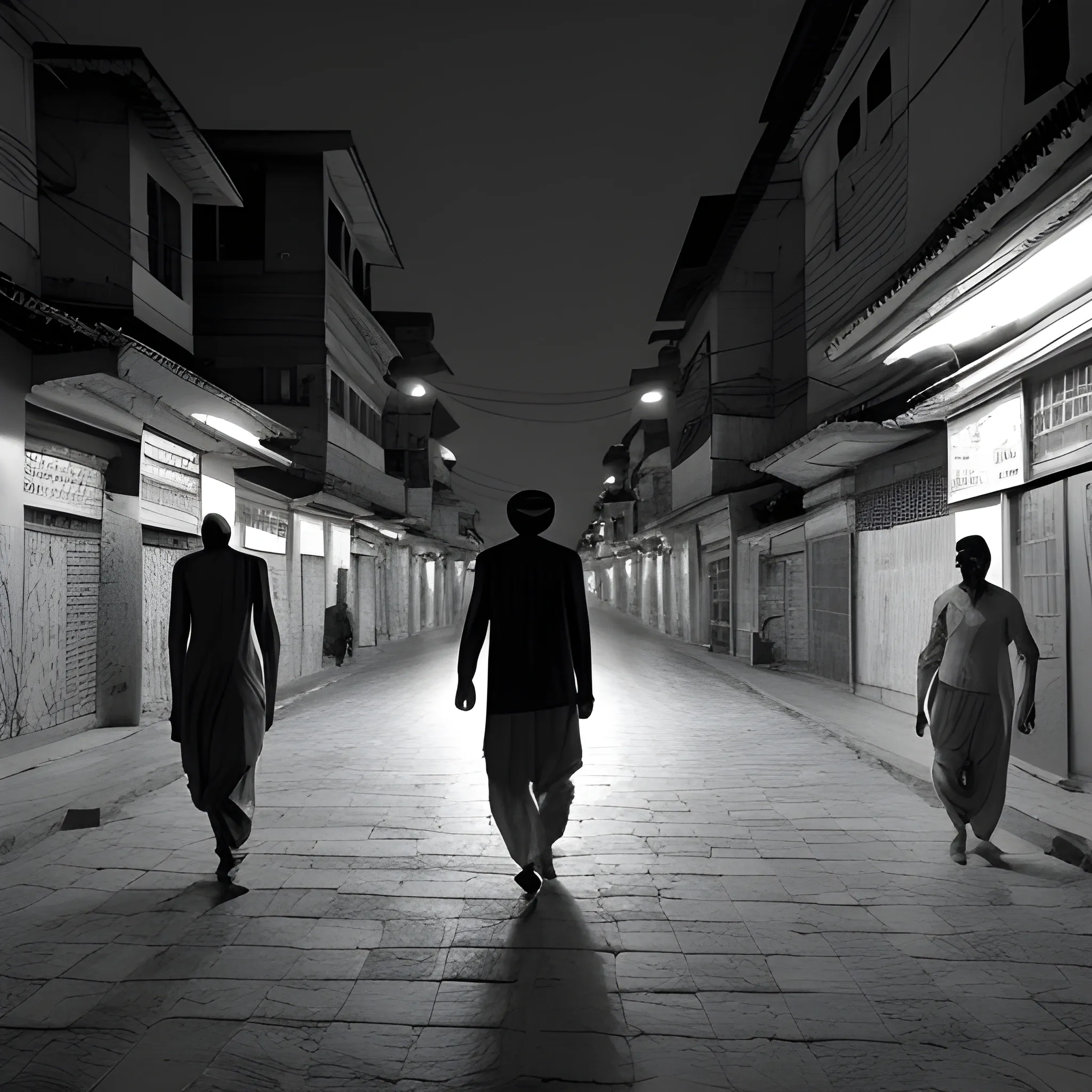 photoreal man with paijama and panjabi in india walking in a street at night. black and white picture.