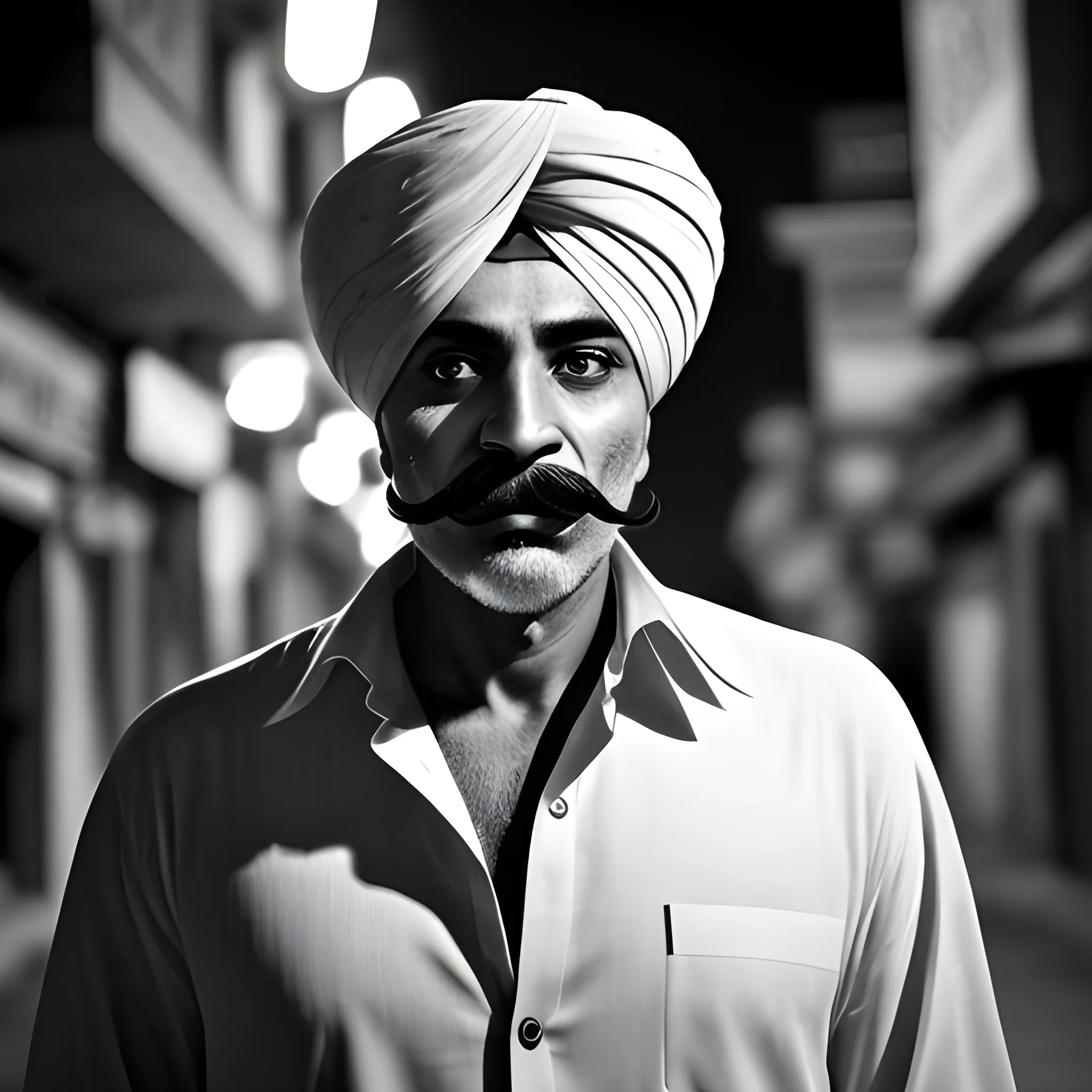 photoreal man with paijama and panjabi in India walking in a street at night. black and white picture, Close up of face, detail of face, man having mustache, a cigar hold by his lips. Cinematic lighting. Real photography.
