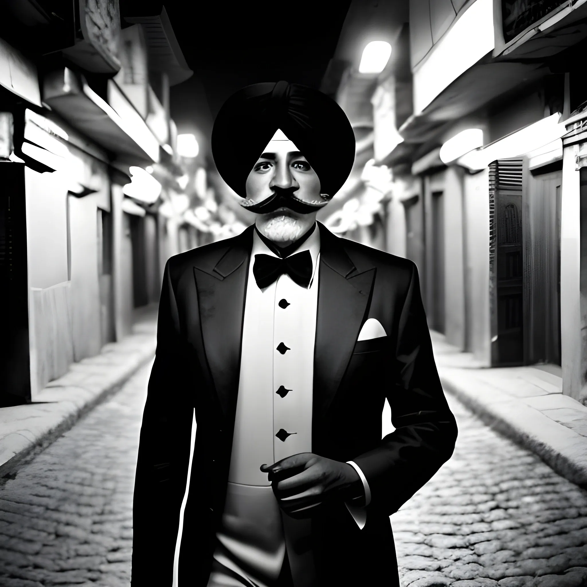 Ultra photoreal man with paijama and panjabi in India walking in a street at night. black and white picture, Close up of face, detail of face, man having mustache, a cigar hold by his lips. Cinematic lighting. Real photography.
