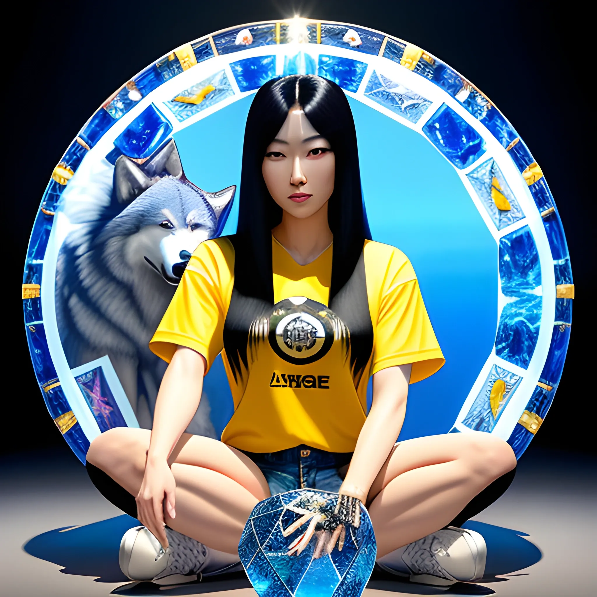 A beautiful Japanese girl with long black straight hair, wearing a yellow shirt with 'MALDITA' written on it, denim shorts, and white Nike shoes, sitting in a crystal circle with crock ice, accompanied by a large wolf with blue and white fur and blue eyes. The image should be a 3D realistic image