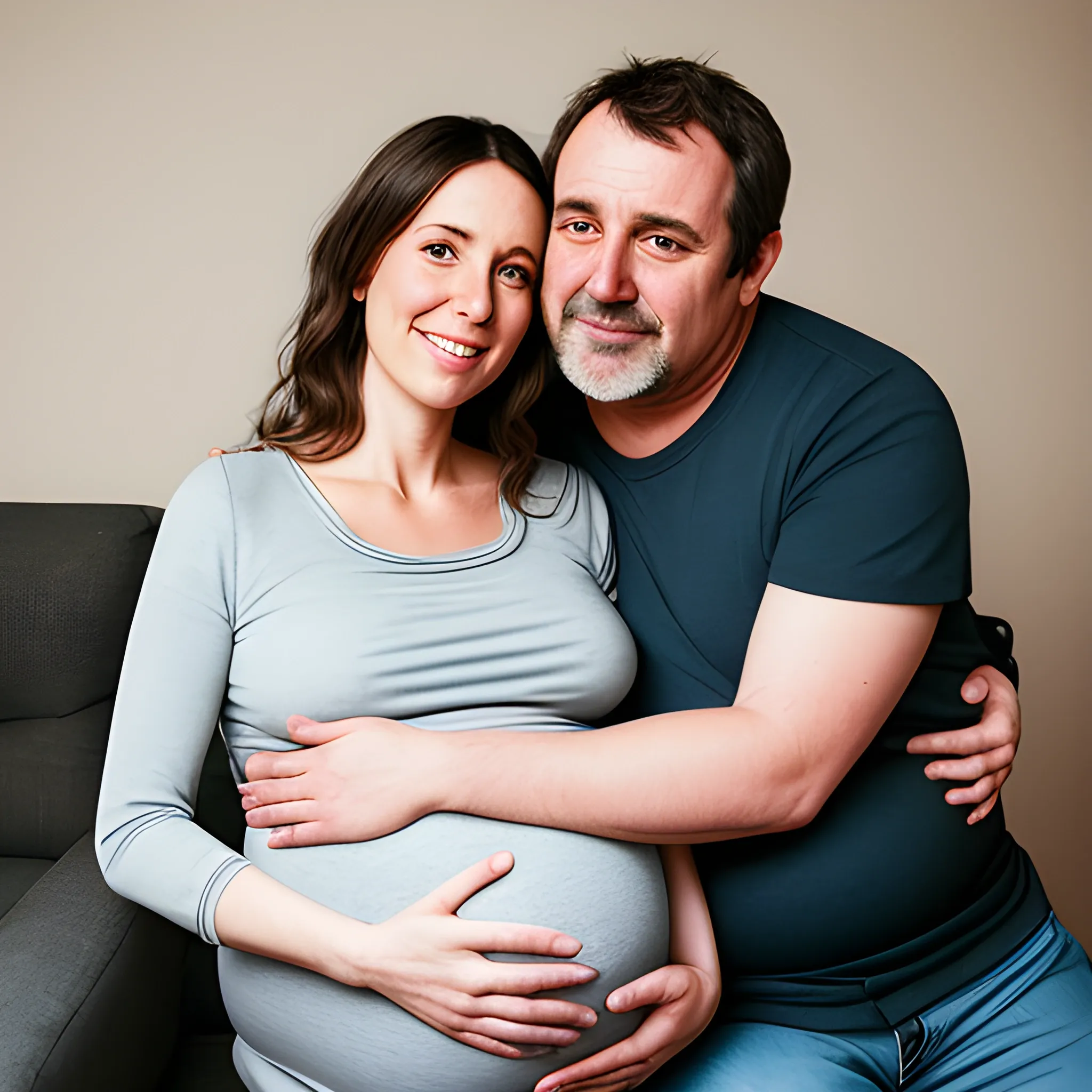 A pregnant woman snuggles up to a middle-aged man