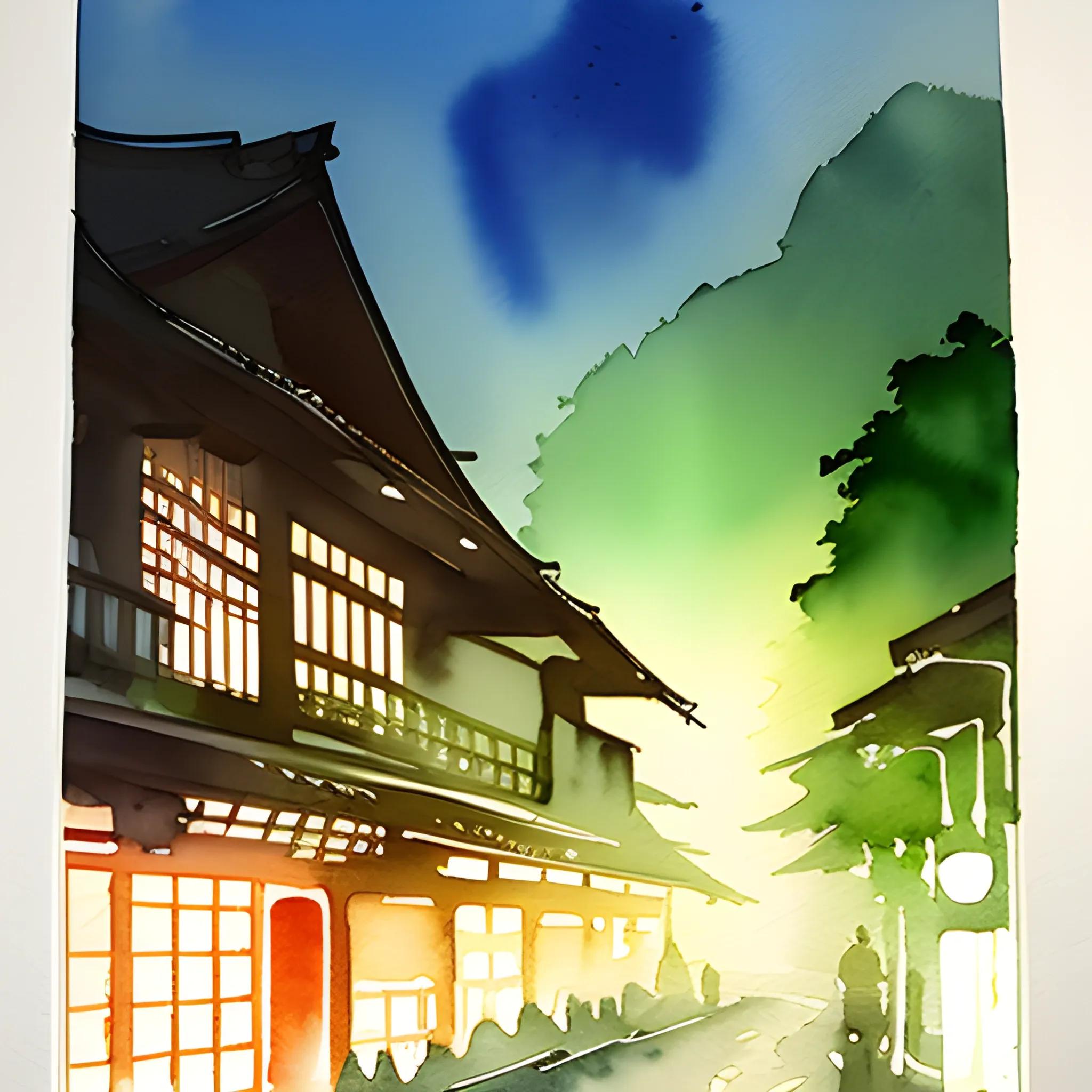 watercolor of a nature with lighting in tokio
