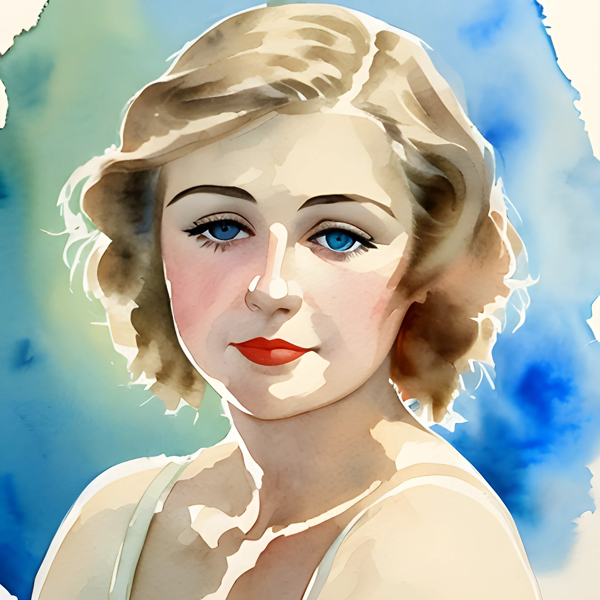 , Water Color portrait of a pretty woman, late '30s, round face ...