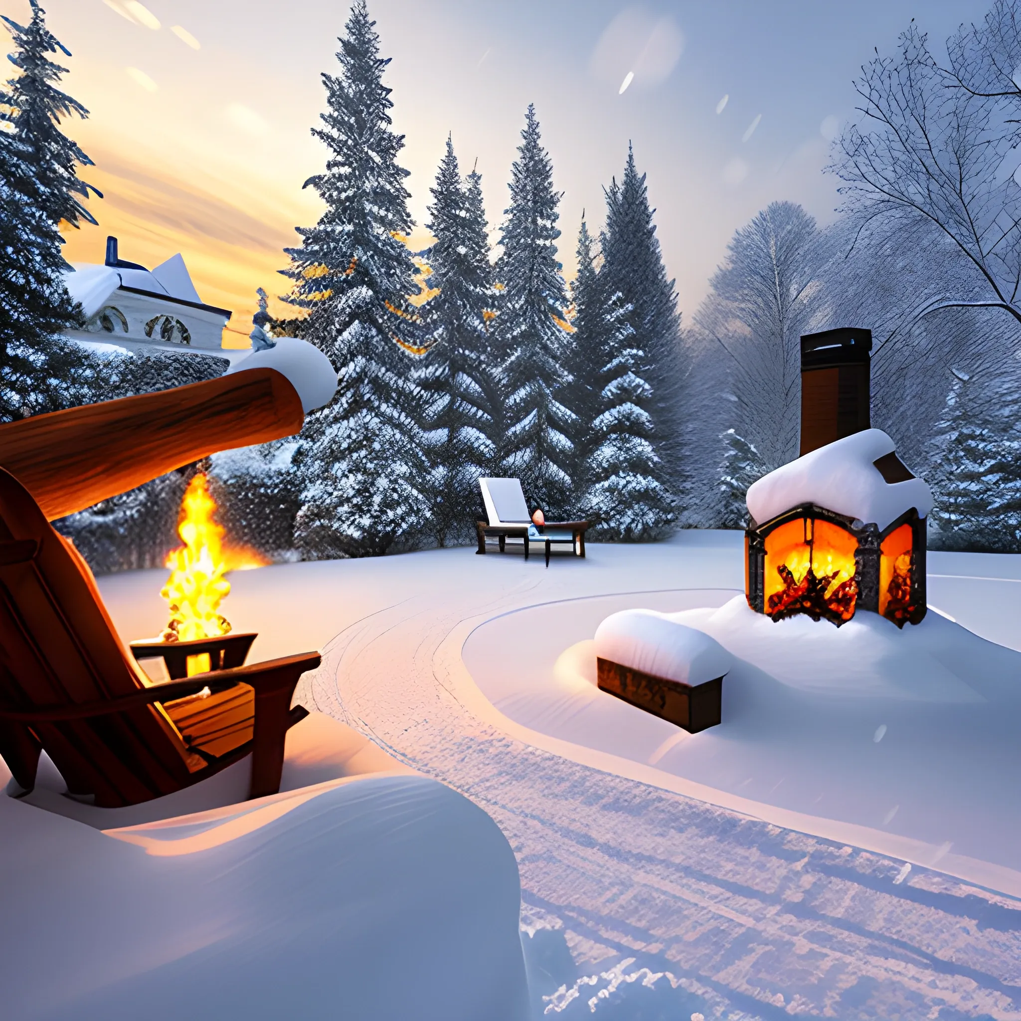 , 3D, winter wonderland with small mansion, snow falling, kids playing outside, fireplace going