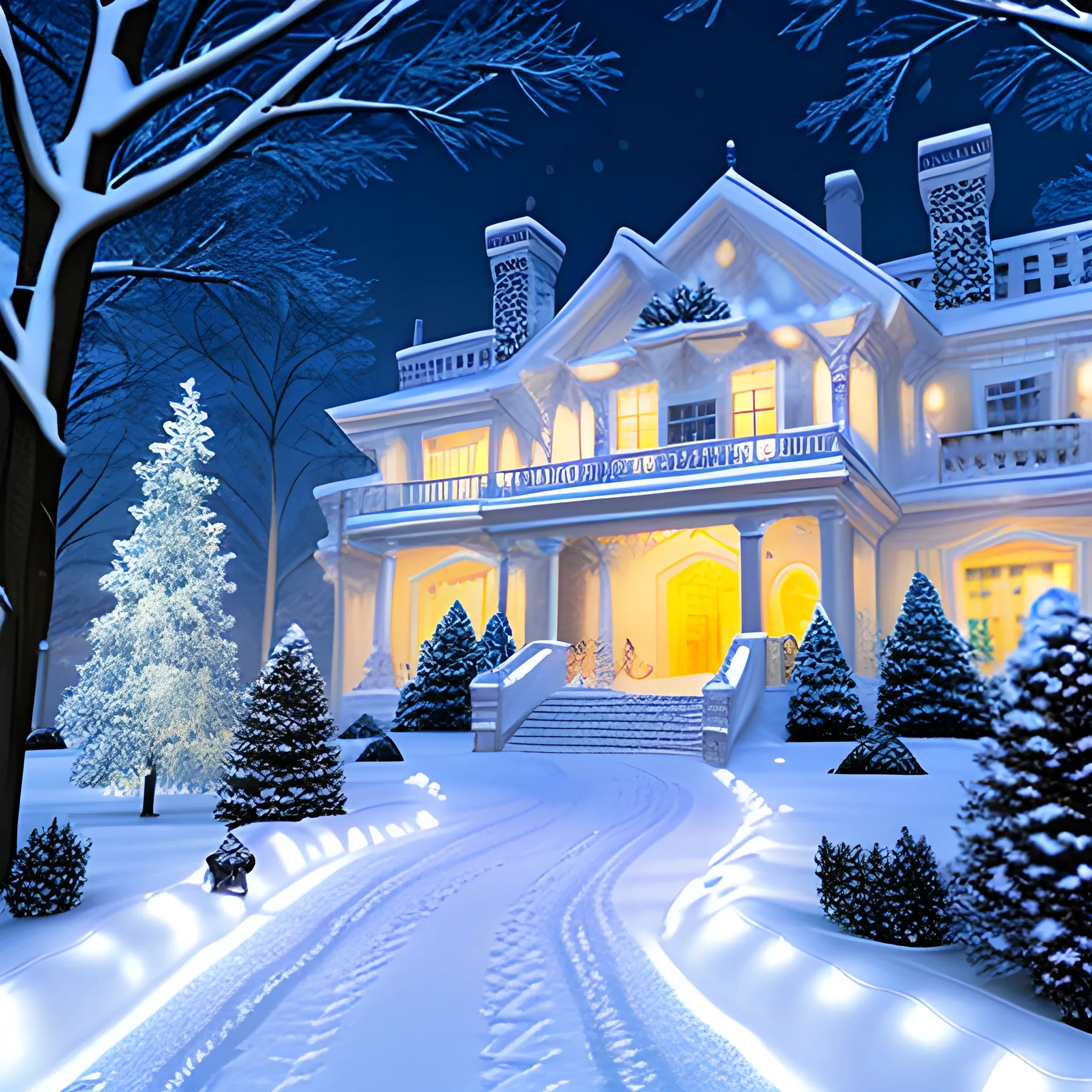 , 3D, winter wonderland with small mansion, snow falling, kids playing outside