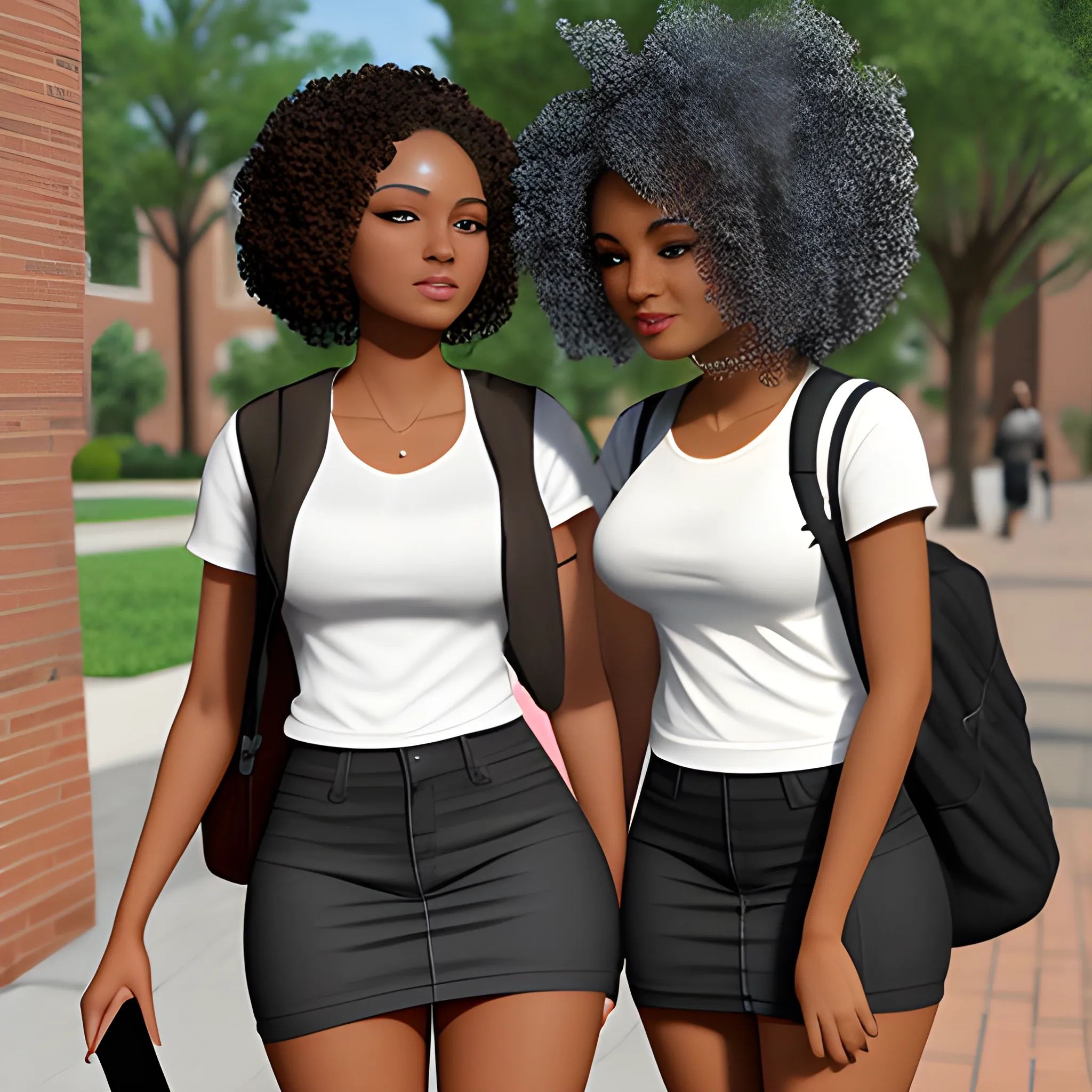 , 3D, beautiful black women on college campus studying 