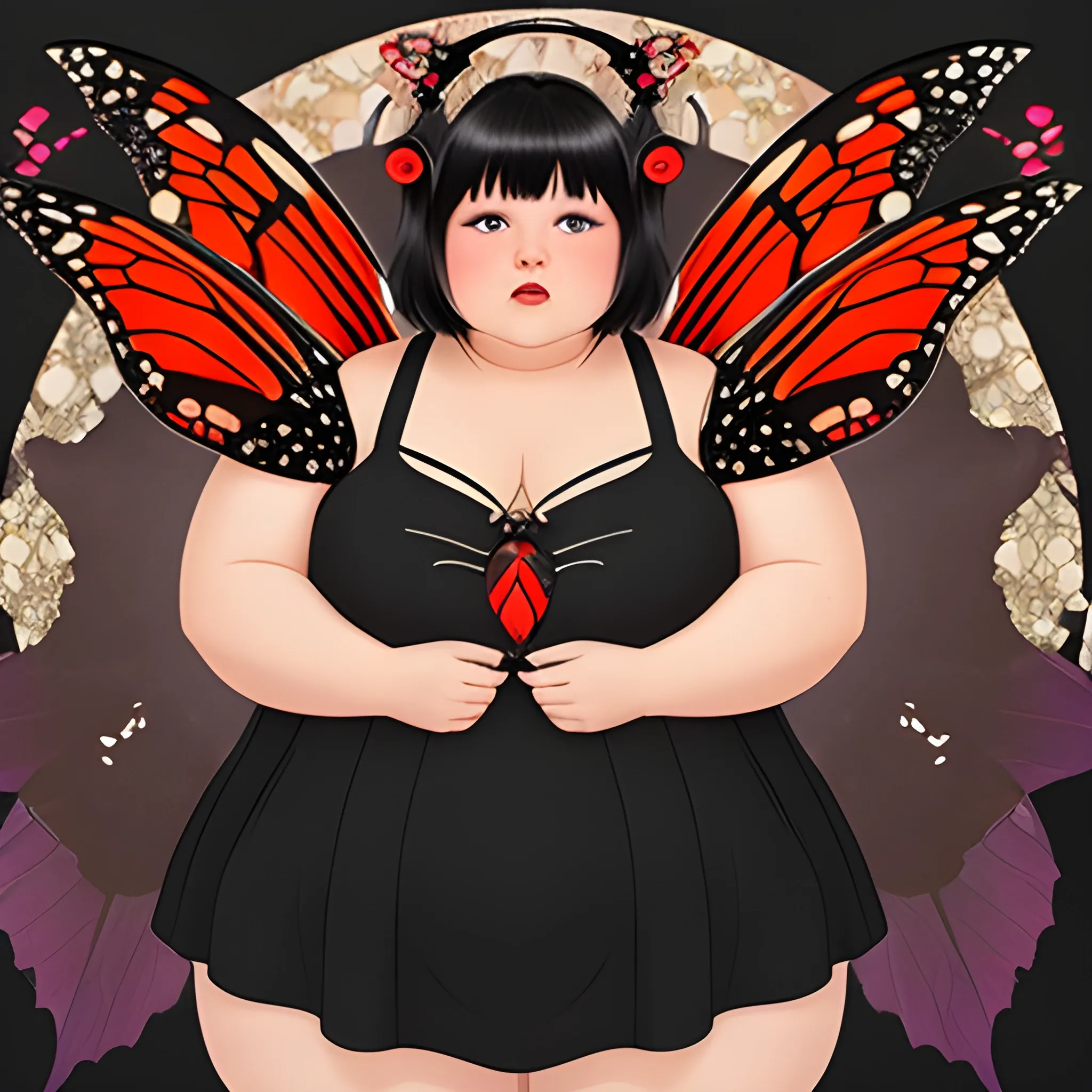 a beautiful, bottom heavy chubby woman wearing a lovely dress with black hair and red highlights with moth wings and antennae