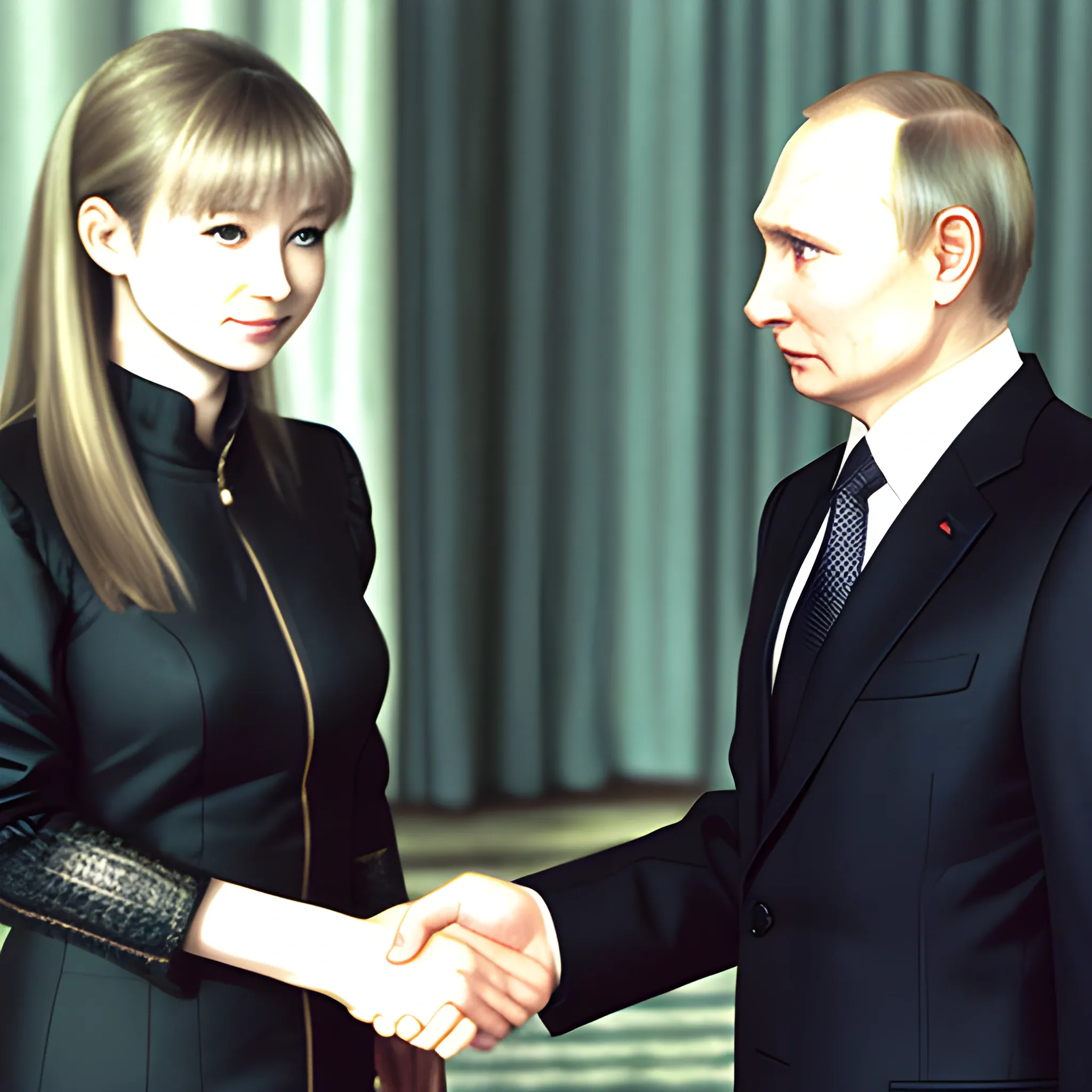 a photograph of rika furude shaking hands with vladimir putin