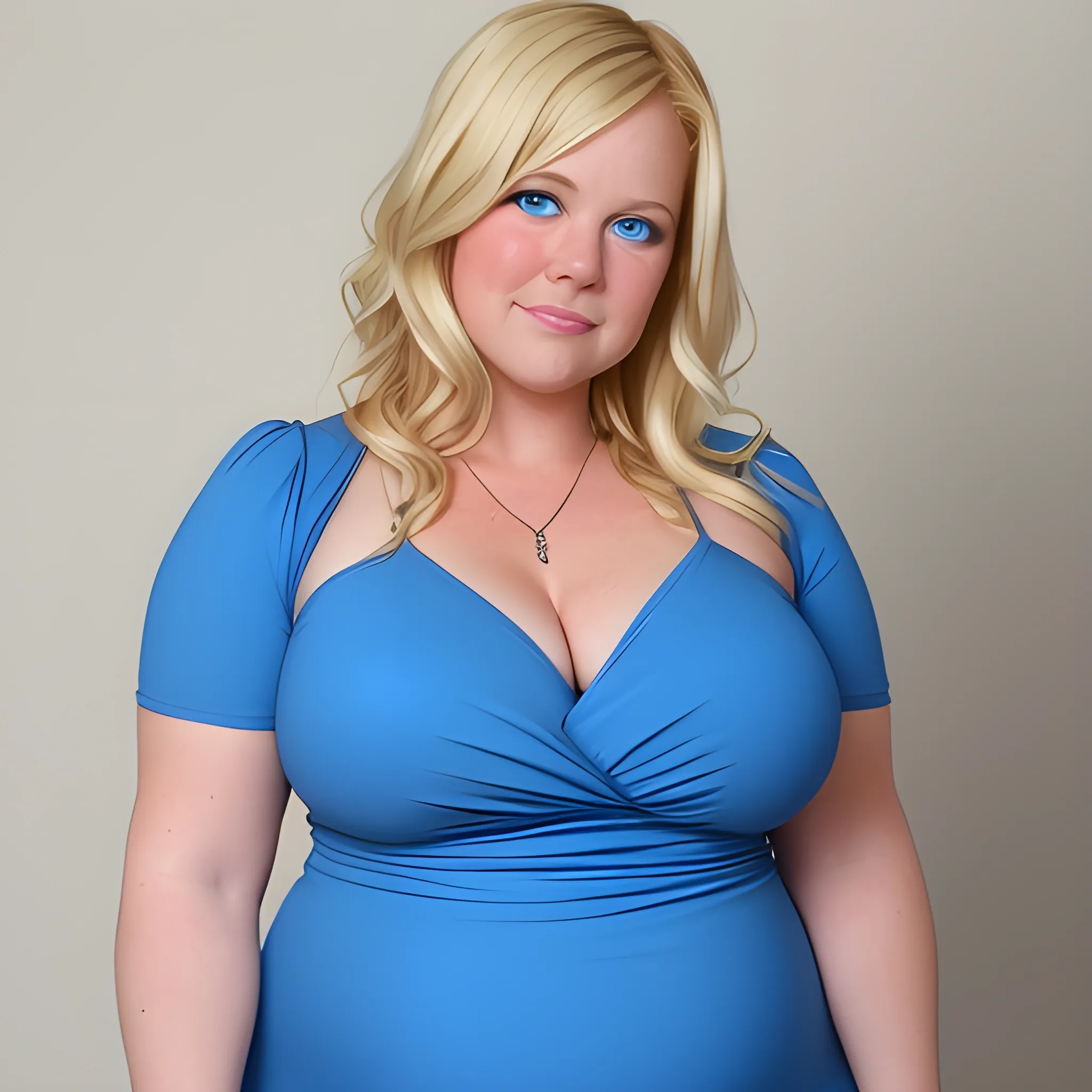 a standard bottom heavy chubby midwestern mother with blonde hair and blue eyes wearing a tight blue dress