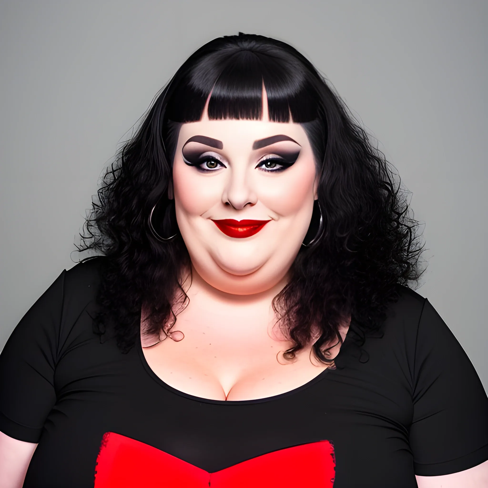 A fat white girl wearing black clothes and smiling with red lipstick and makeup