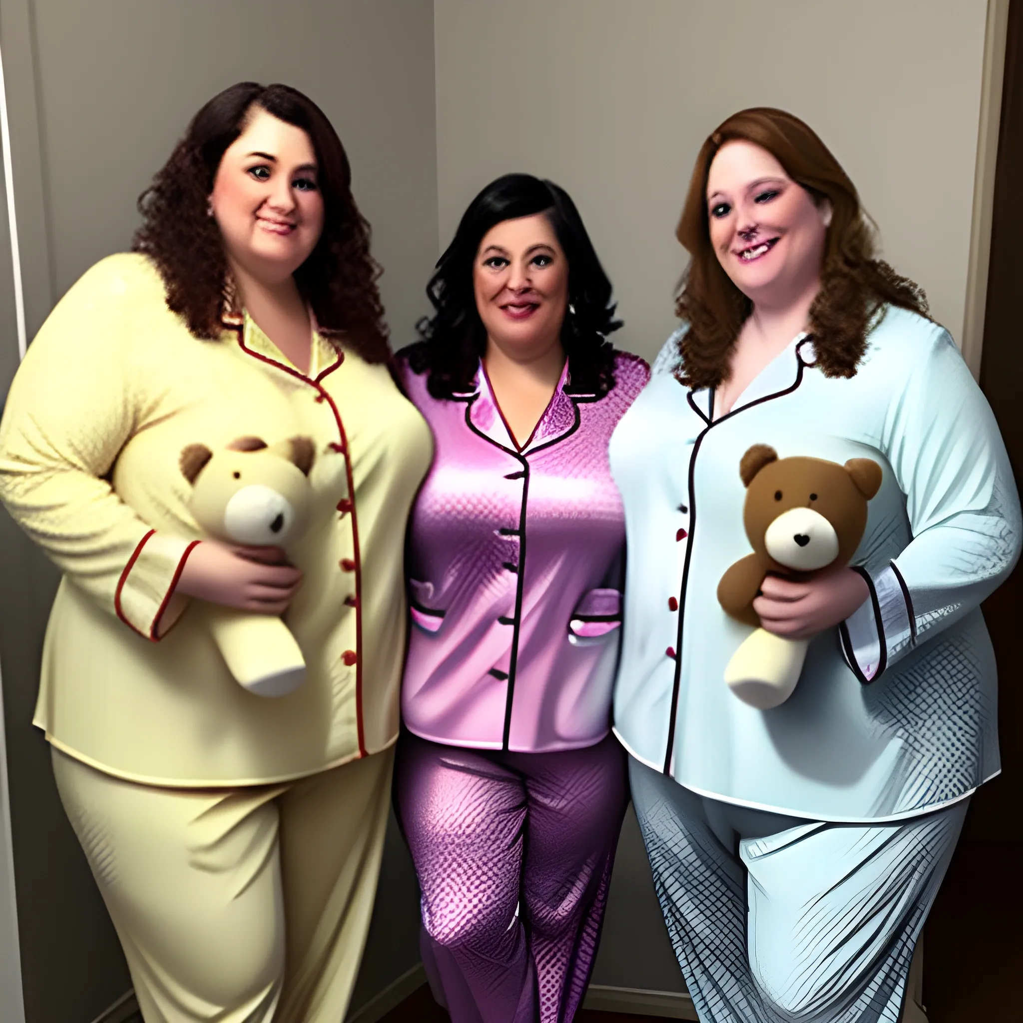 Three fat women in pajamas standing around a nervous little girl wearing pajamas and holding a teddy bear