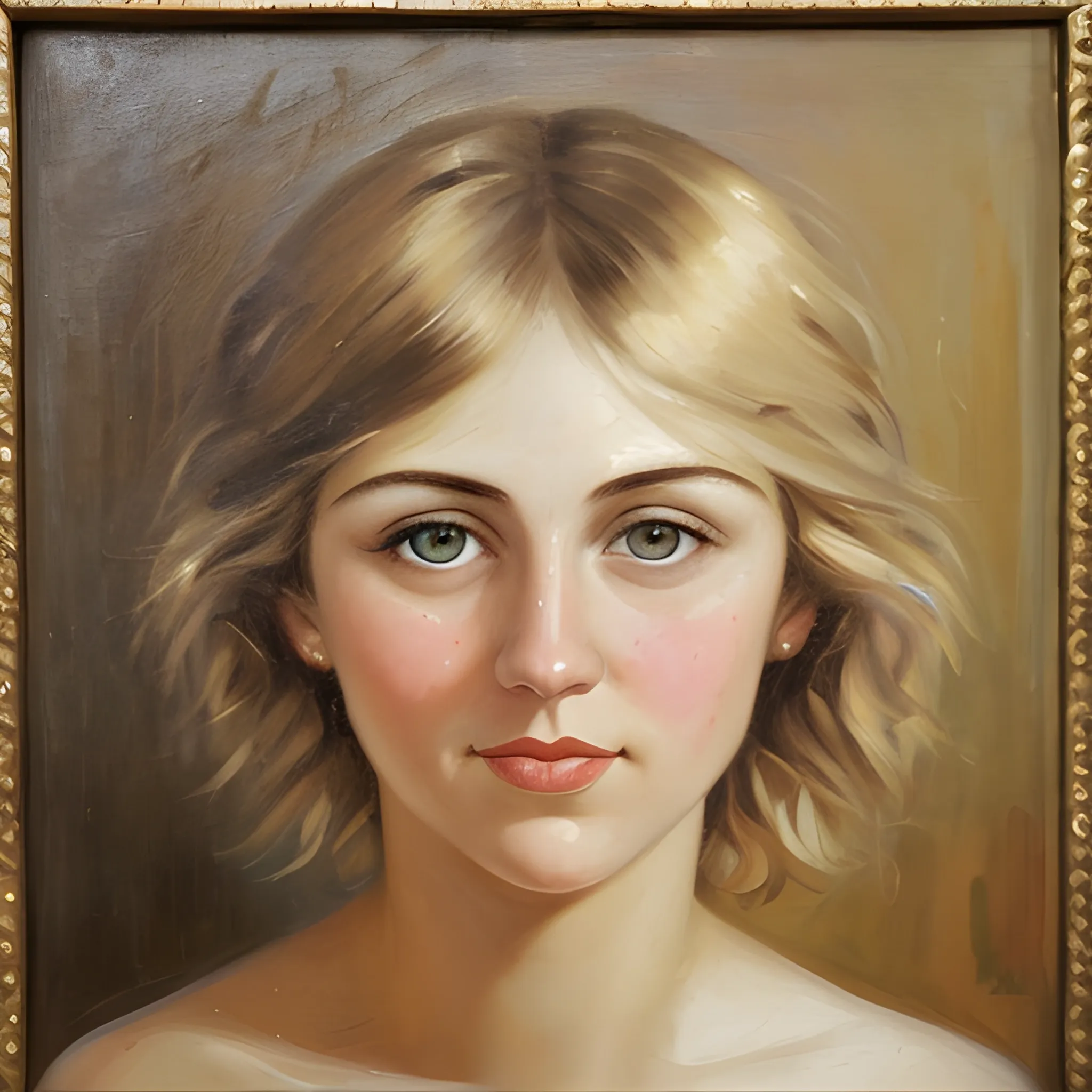 oil portrait of a pretty woman, late '20s, round face, blondish, short, messy hair, big brown eyes, Oil Painting