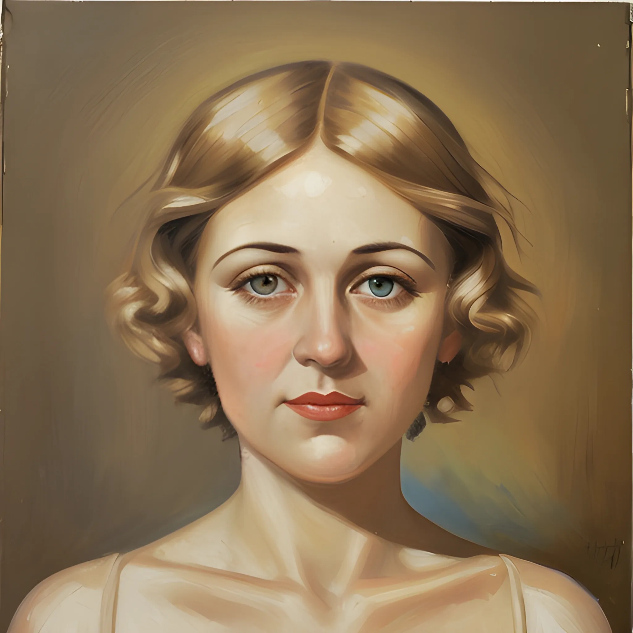 oil portrait of a woman, middle '30s, (round face), blondish, short, messy hair, big brown eyes, Oil Painting