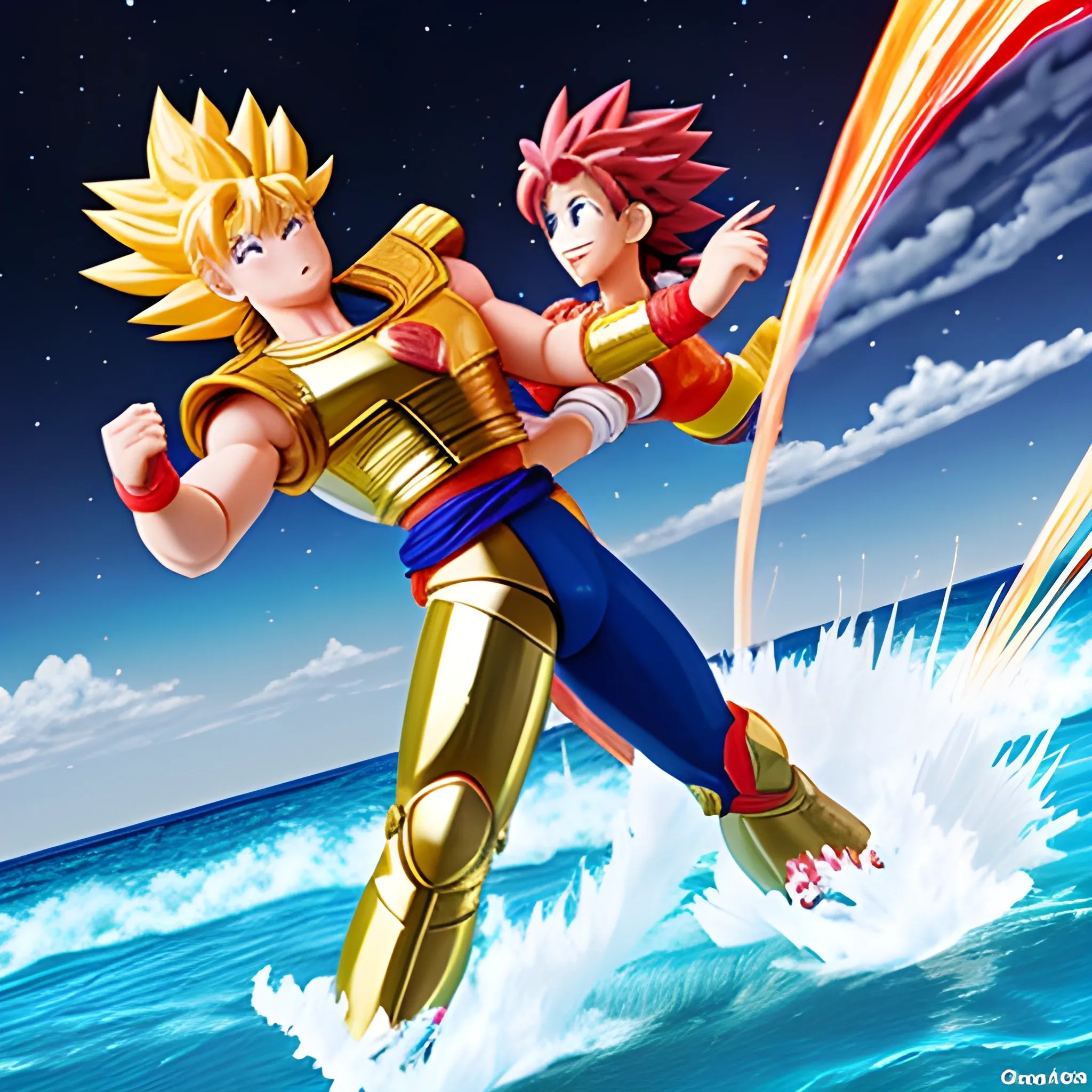 seiya pelando en el mar vs goku, 3D