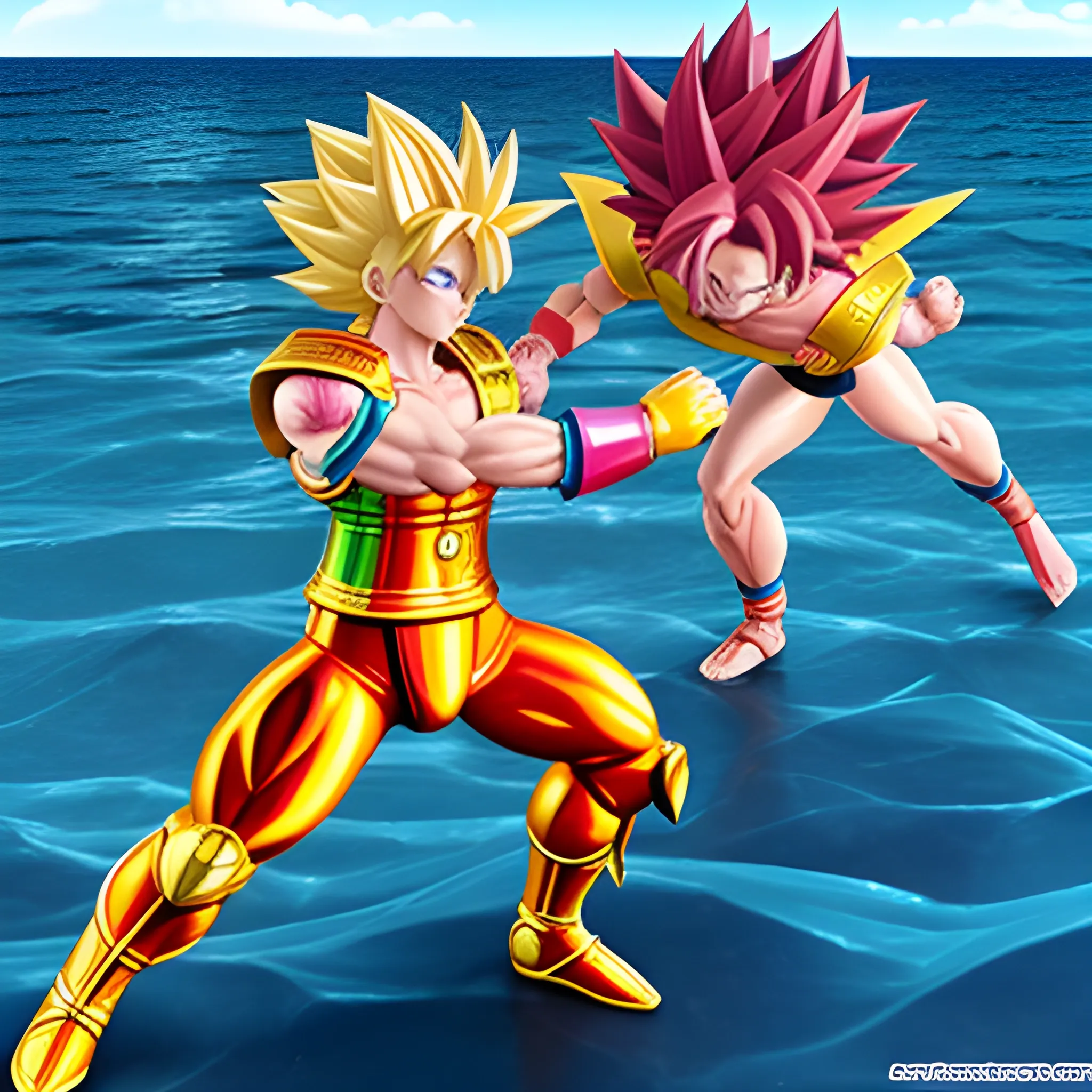 seiya pelando en el mar contra goku, y cell 3D