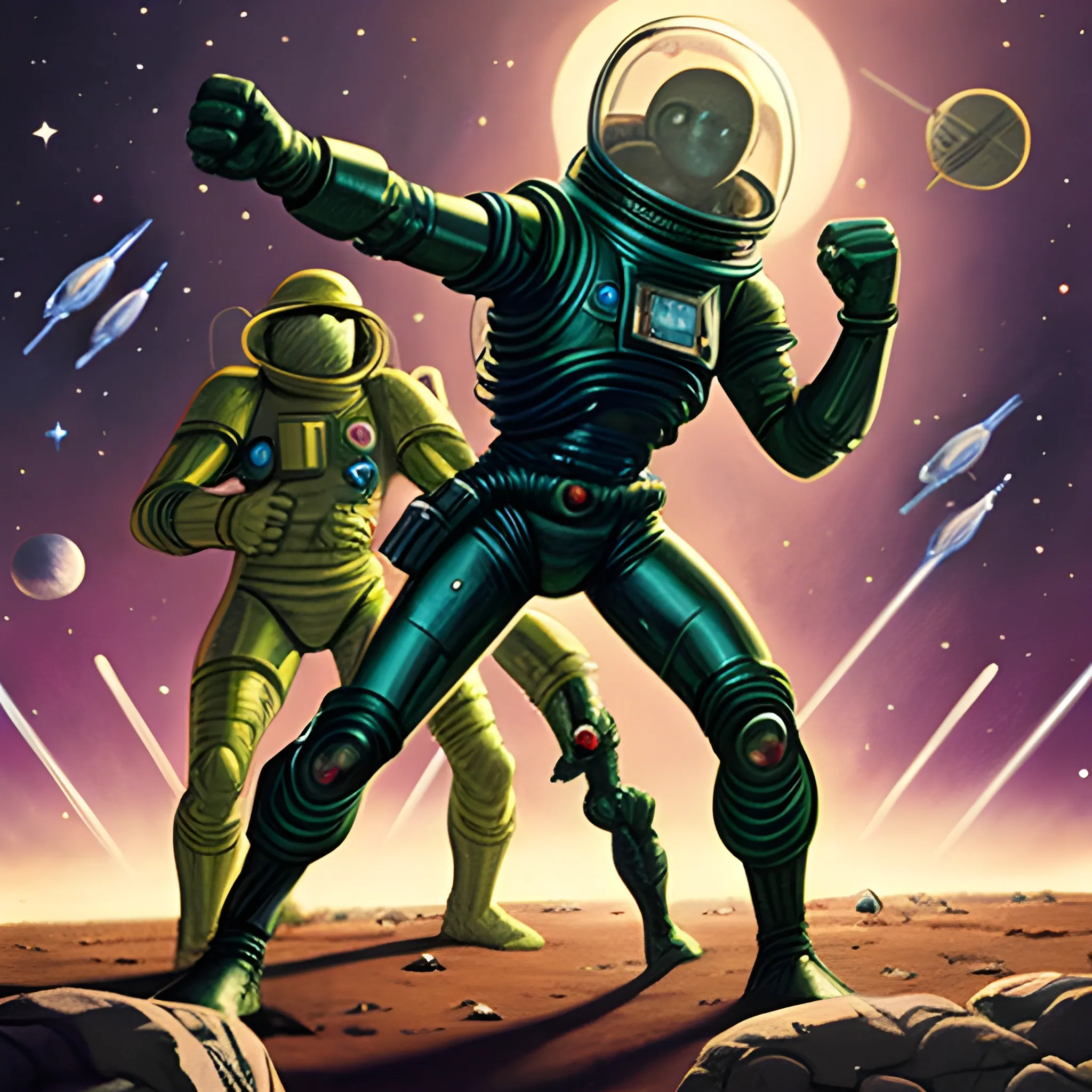 a space warrior fighting a battle against 4-armed, 3-meter-tall aliens. the image must be pulp style