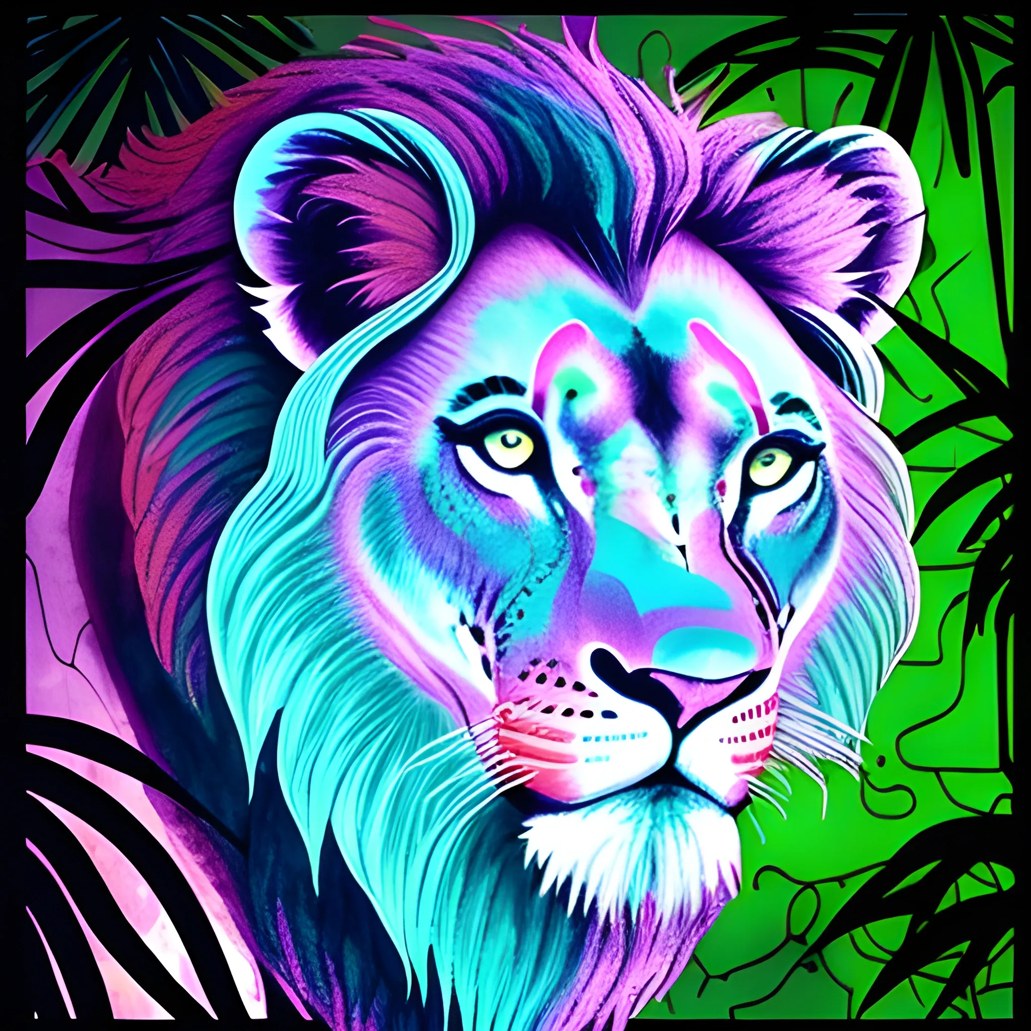 Prompt 2:
/imagine prompt: Lion face, intricately detailed lion's facial features illuminated by multicolored neon outlines, set in a dense jungle under a full moon, highlighting the contrast between natural beauty and artificial enhancement, Illustration, combining watercolor techniques for the jungle background with neon light effects for the lion's face, --ar 1:1 --v 5