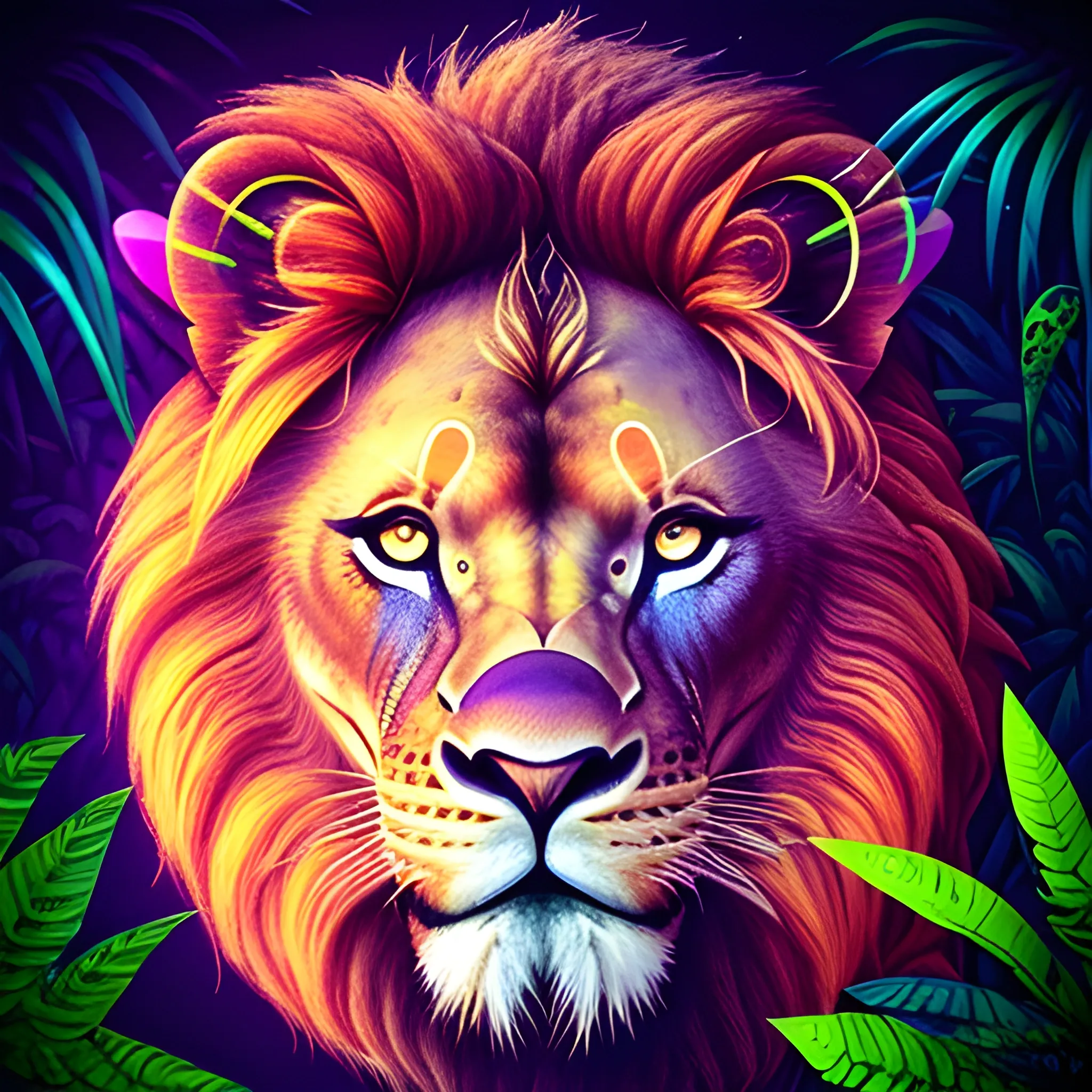 Prompt 2:
/imagine prompt: Lion face, intricately detailed lion's facial features illuminated by multicolored neon outlines, set in a dense jungle under a full moon, highlighting the contrast between natural beauty and artificial enhancement, Illustration, combining watercolor techniques for the jungle background with neon light effects for the lion's face, --ar 1:1 --v 5, 3D