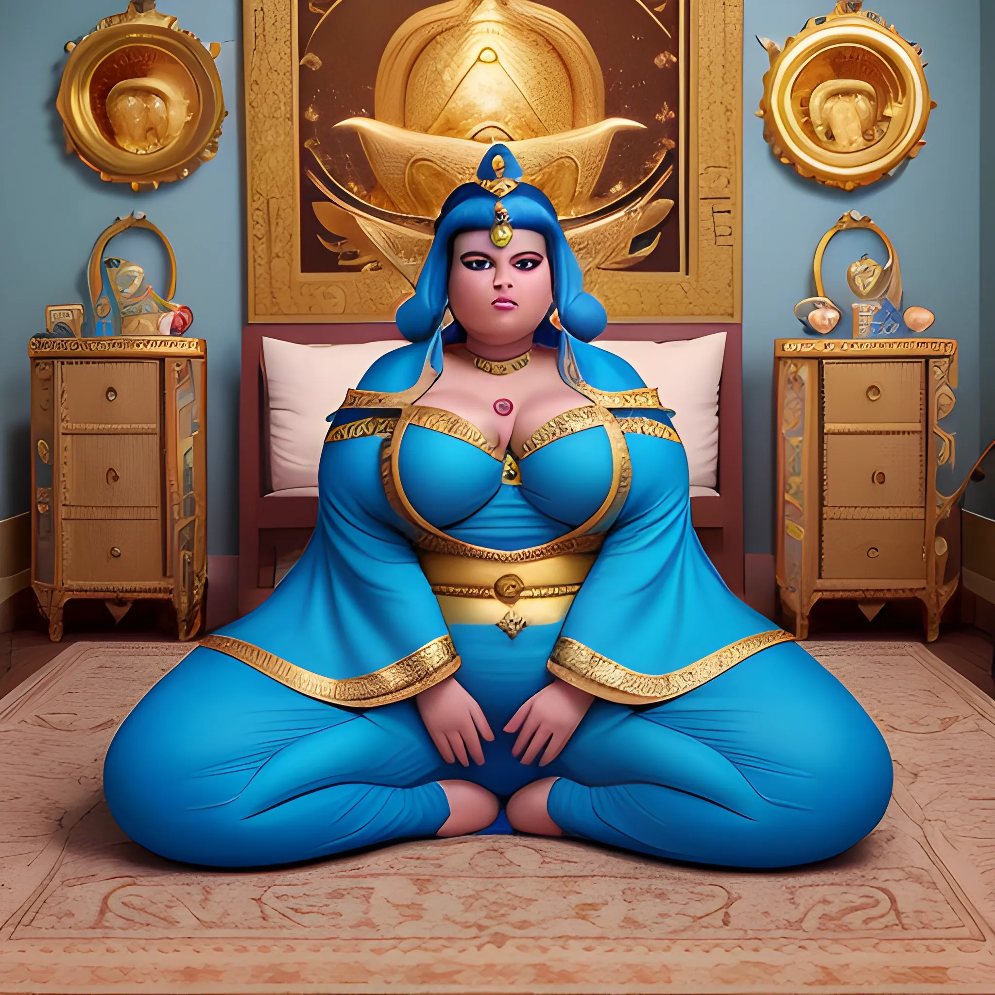 Realistic, high-quality, 8k, big beautiful, popular, extremely plus size, cute, attractive, big beautiful, stunningly beautiful, female genie wearing her traditional blue genie outfit with ornate gold arabian markings on it in her itty-bitty ancient genie bedroom inside her realm preparing for interview her for Supernatural Life Magazine, her article is about the lives of genies, 3D