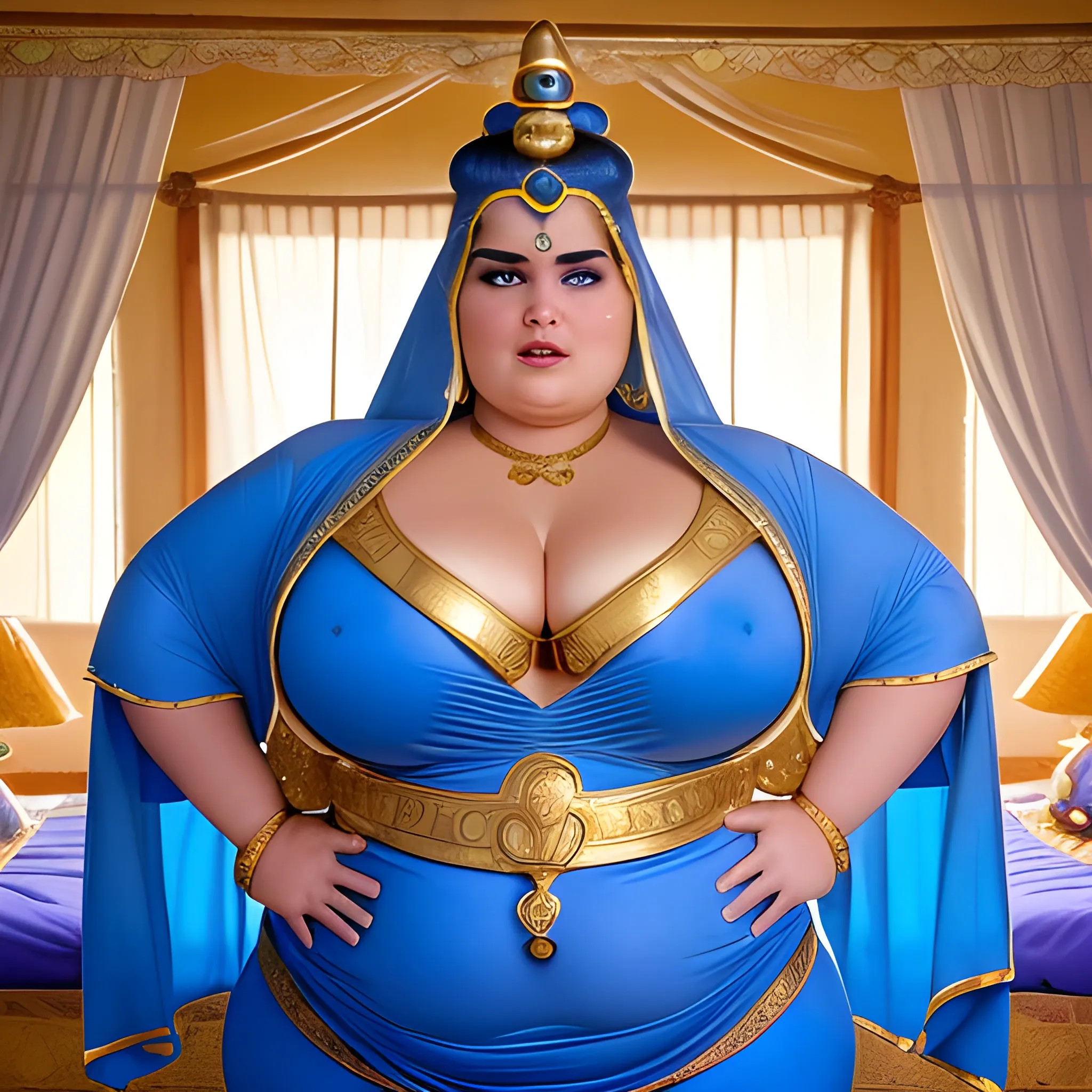 Realistic, high-quality, 8k, big beautiful, popular, extremely plus size, cute, attractive, big beautiful, stunningly beautiful, female genie wearing her traditional blue genie outfit with ornate gold arabian markings on it in her itty-bitty ancient genie bedroom inside her realm preparing for interview her for Supernatural Life Magazine, her article is about the lives of genies,