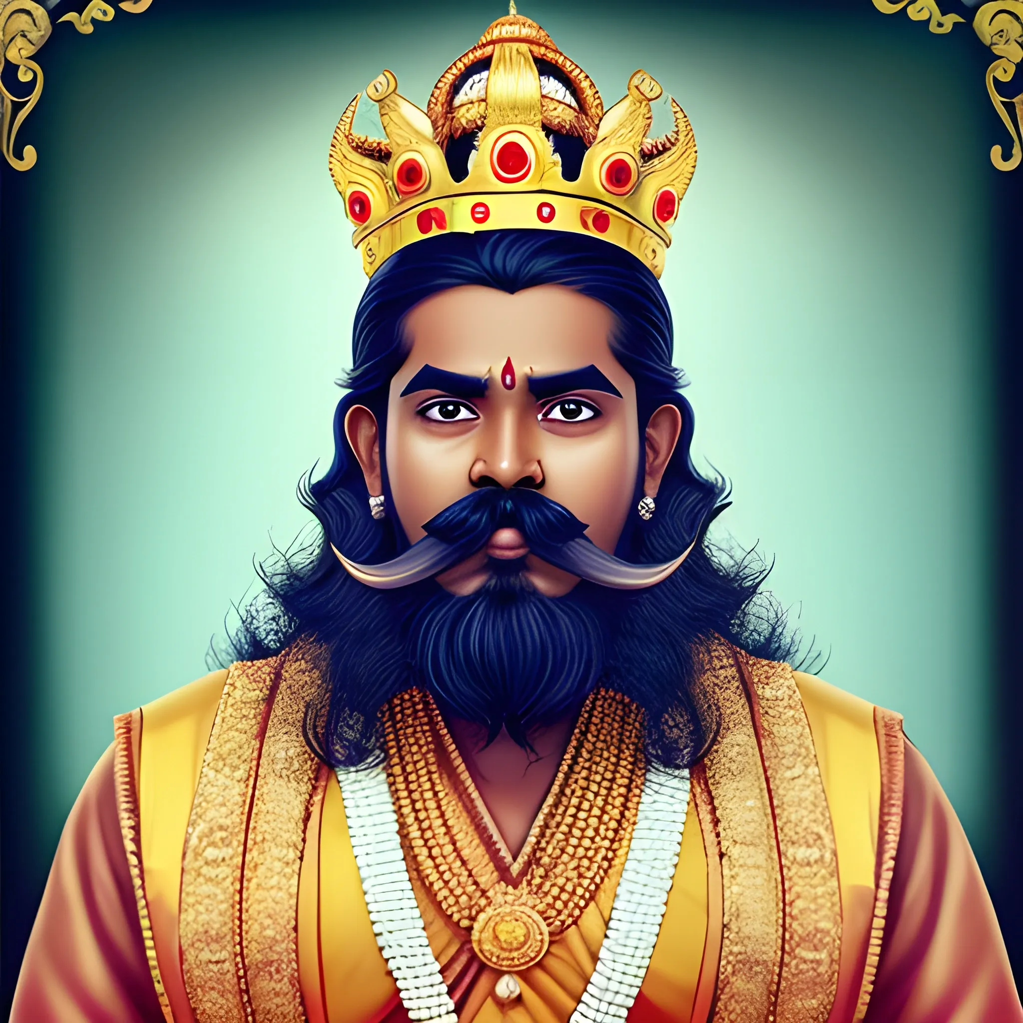 Tamil king with crown , long hair, big mustache 