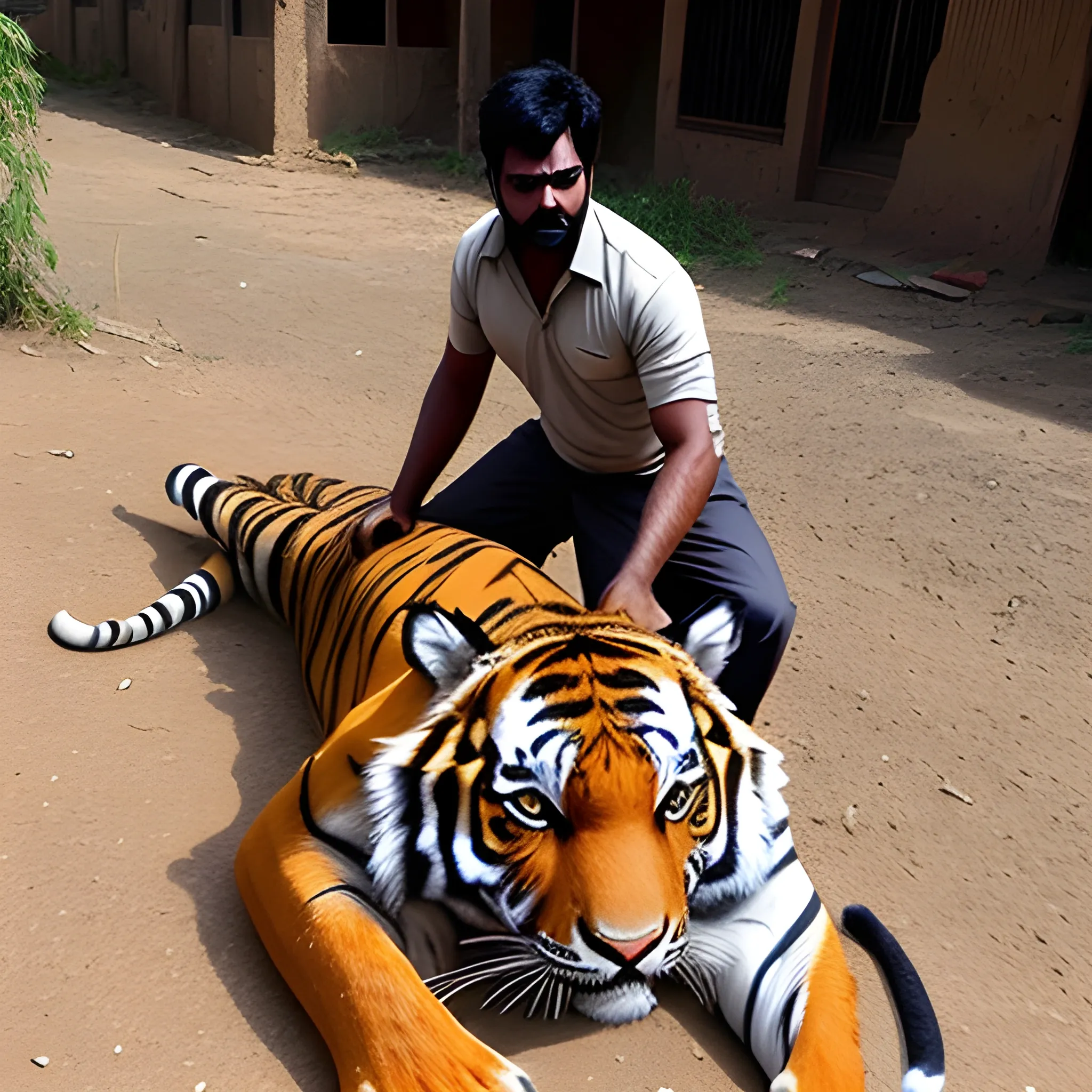 Tamil man killing tiger with sword full size image