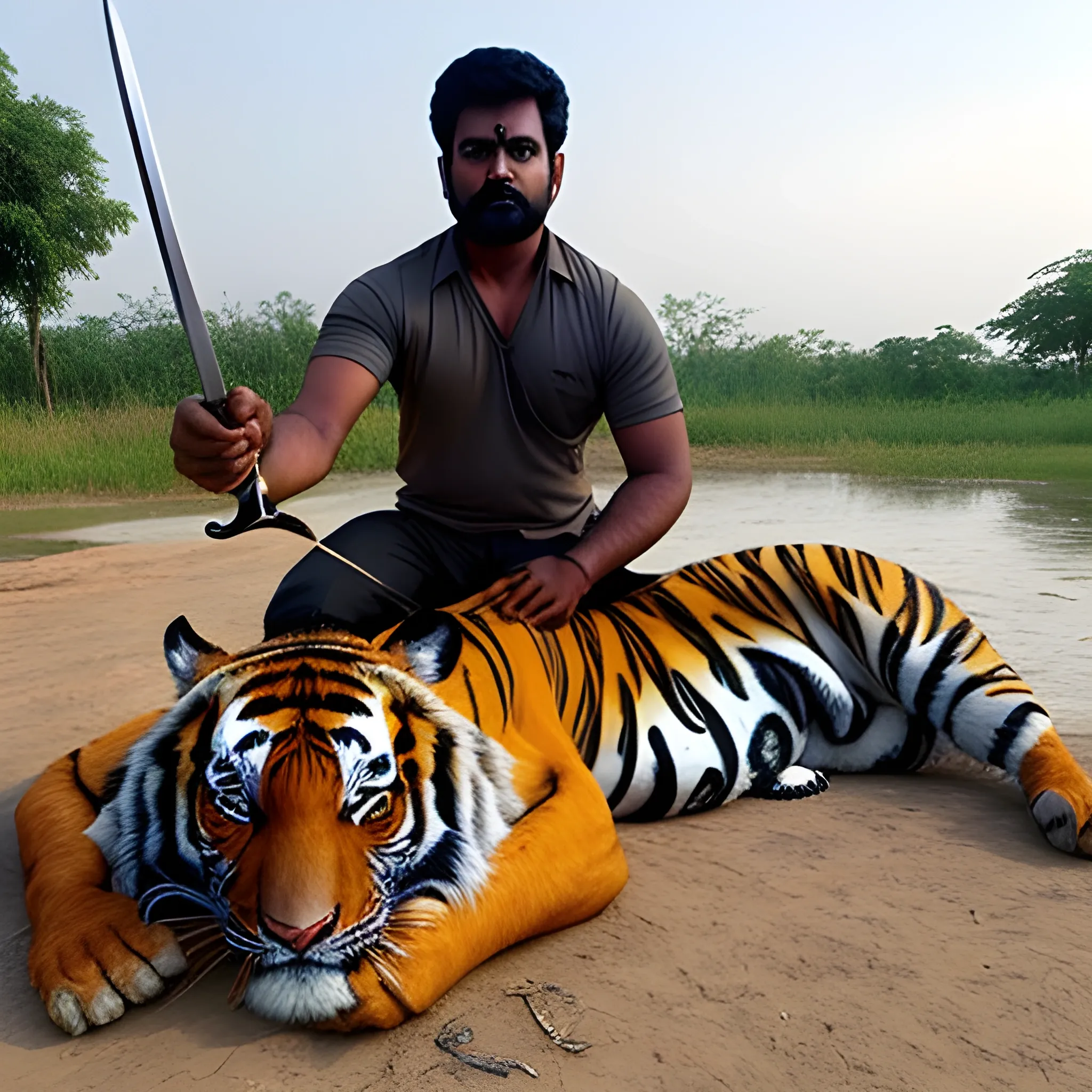 Tamil man killing tiger with sword full size image