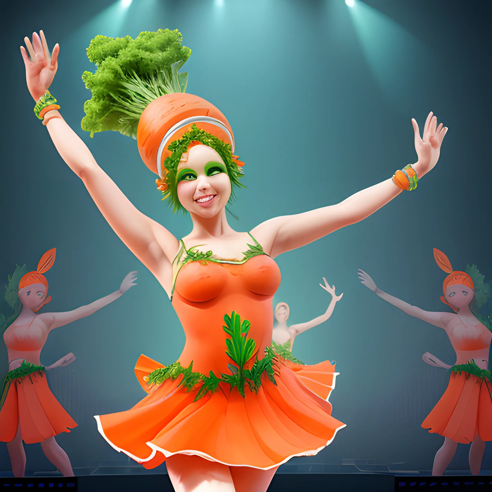 a photorealistic image of carrot with woman body shape, green carrot leaves on head, dancing samba with arms and legs, on stage --ar 2:3