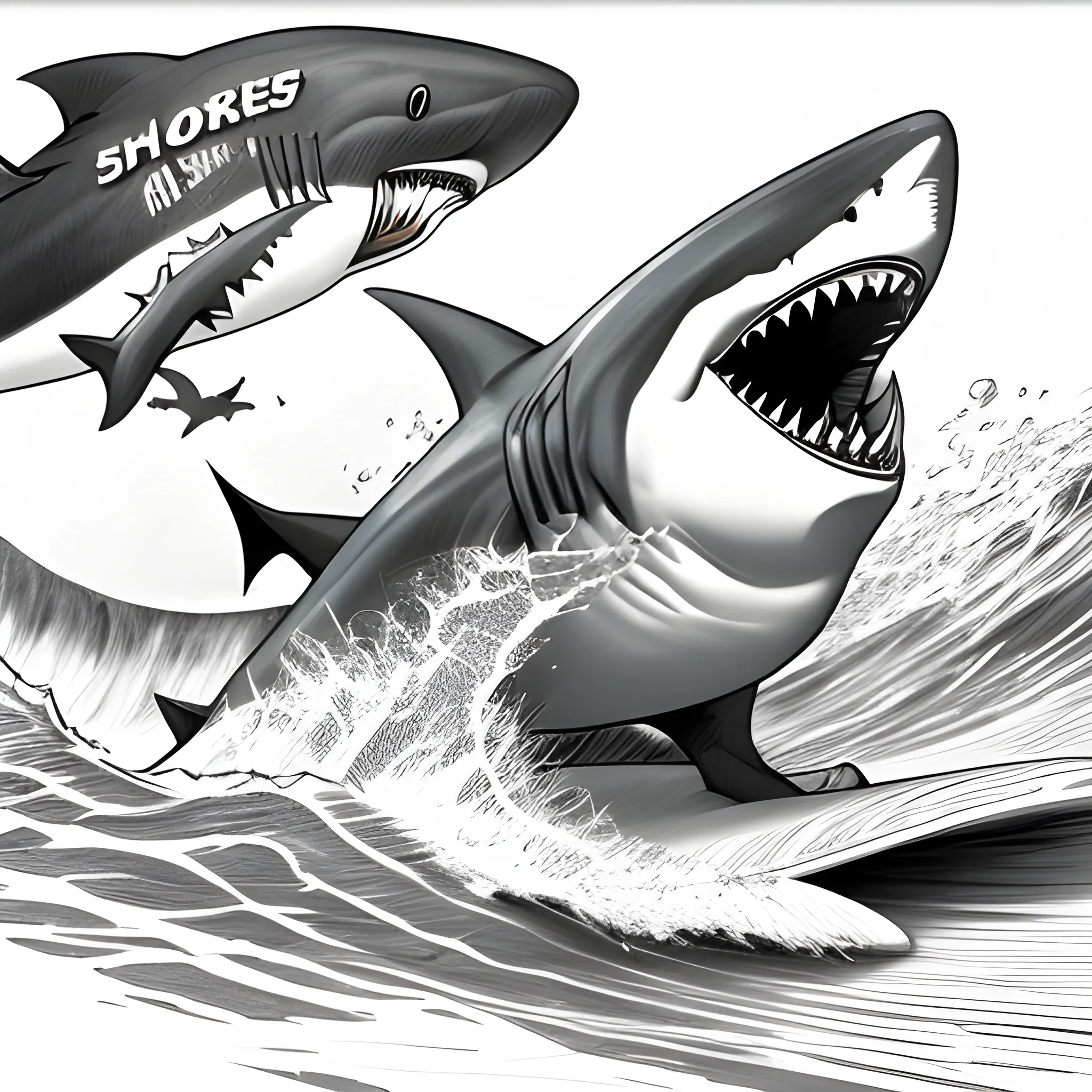 
sharks emerging from surfing waves with text XBROS, Pencil Sketch